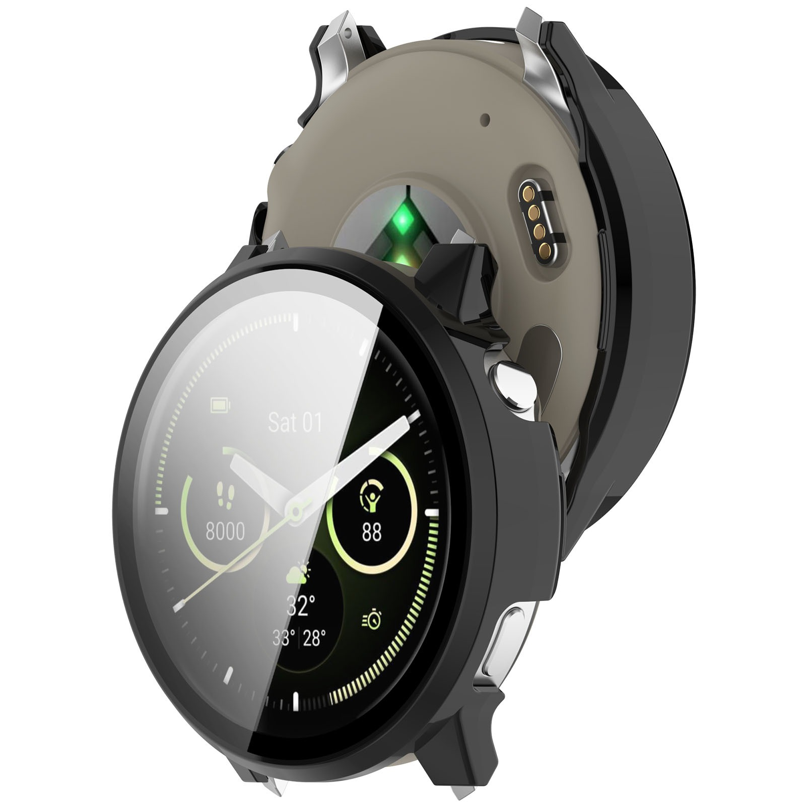 Eine Smartwatch mit schwarzem Gehäuse, die Zeit und Gesundheitsdaten anzeigt. Die Rückseite ist freigelegt und zeigt die Innenteile.