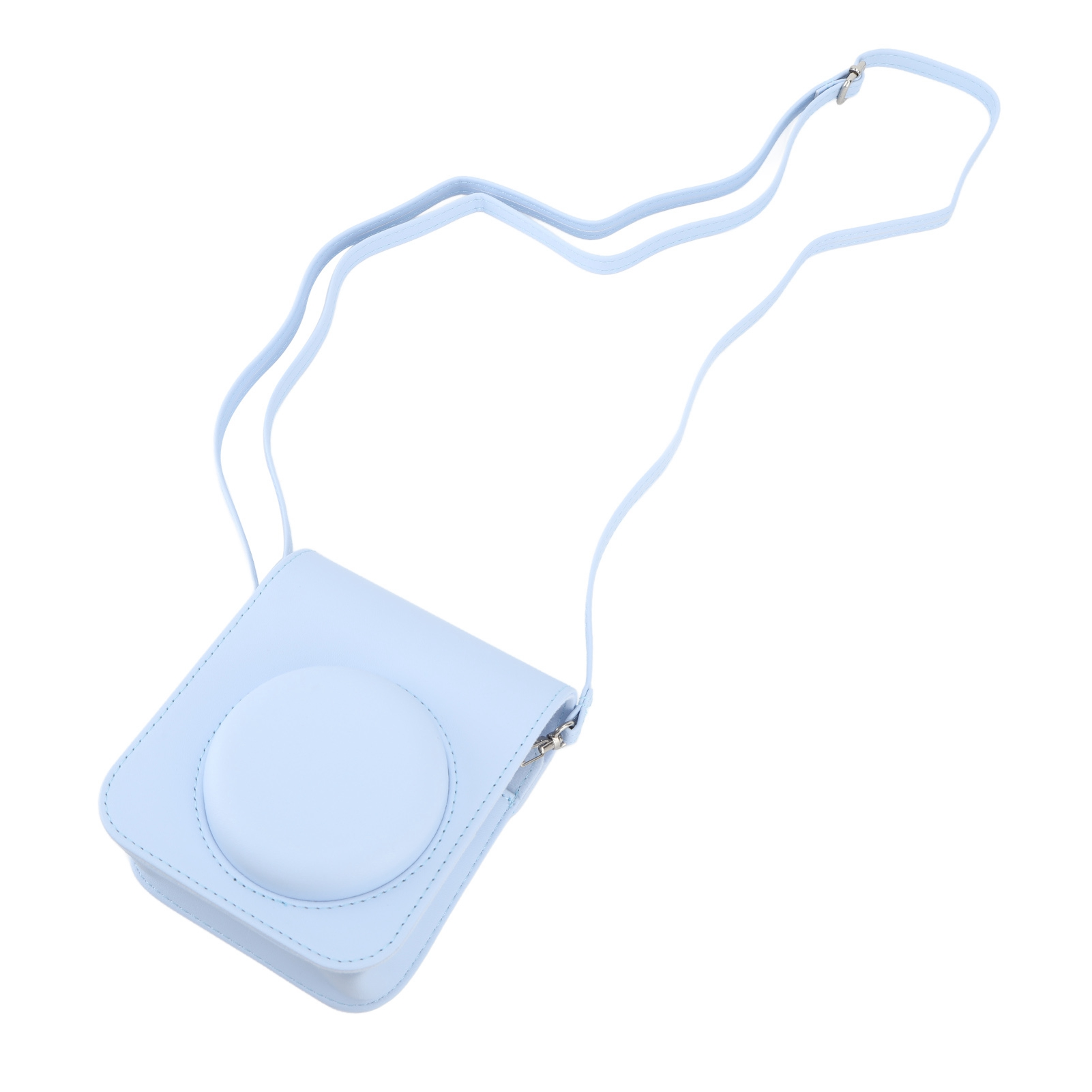 Eine hellblaue Kameratasche mit Schultergurt. Die Tasche hat ein kreisförmiges Design auf der Vorderseite. Isoliert auf weißem Hintergrund.