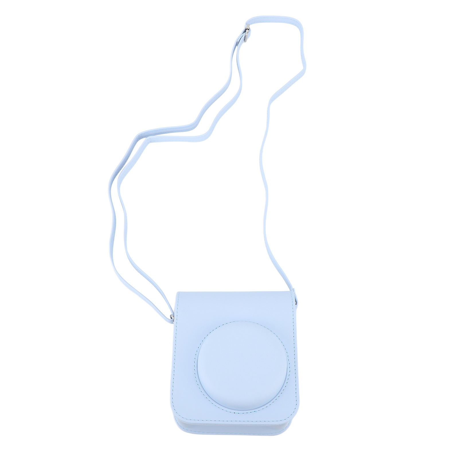Eine hellblaue Kameratasche mit Schultergurt. Die Tasche ist quadratisch mit einem kreisförmigen Design auf weißem Hintergrund.