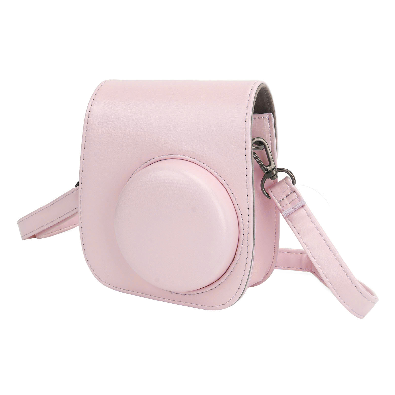 Eine rosa Kameratasche mit Schultergurt. Die Tasche ist rund mit einer kreisförmigen Vorderseite. Der Hintergrund ist weiß.