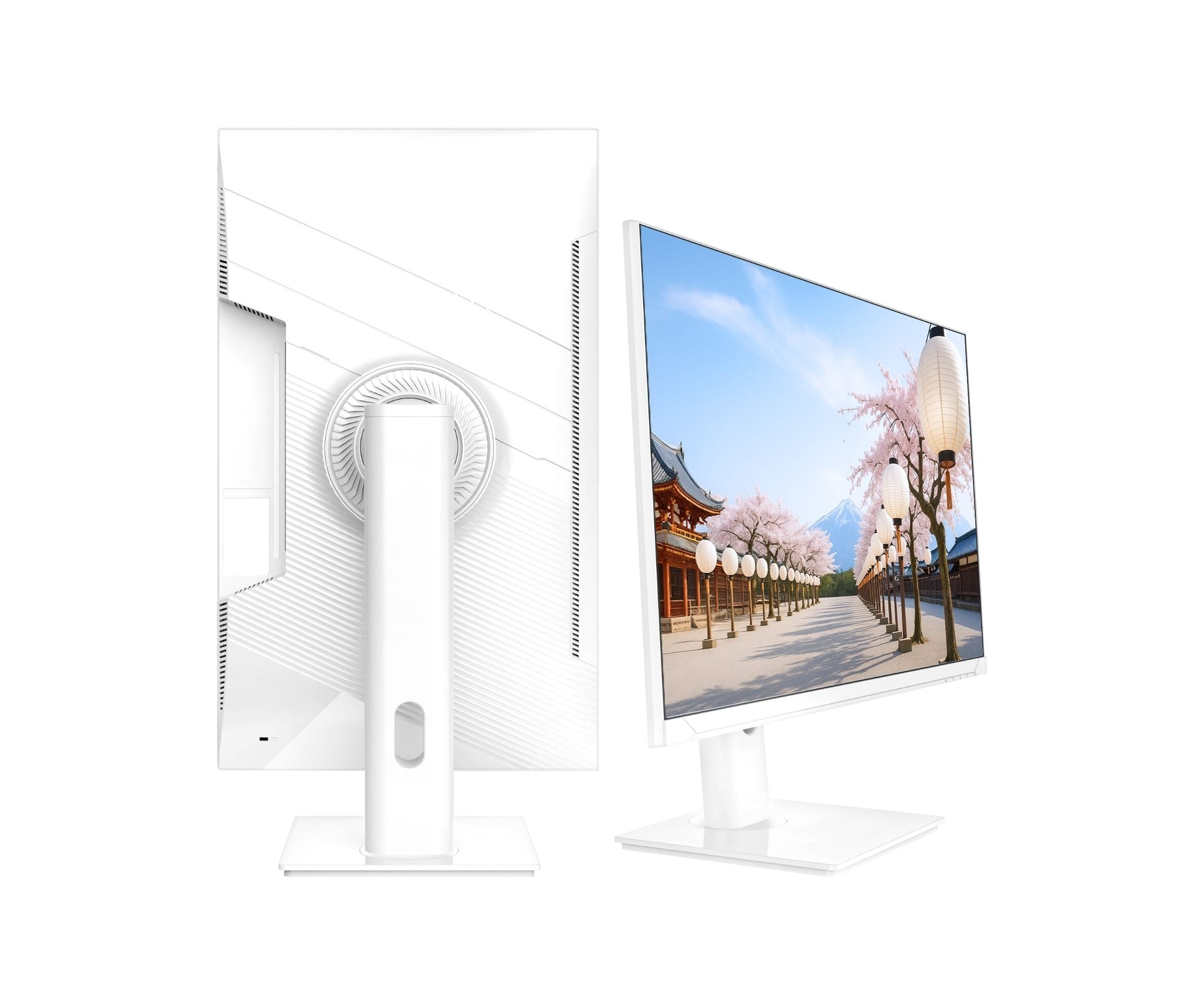 Zwei weiße Computermonitore, einer zeigt eine japanische Szene mit Kirschblüten und Laternen, vor weißem Hintergrund.