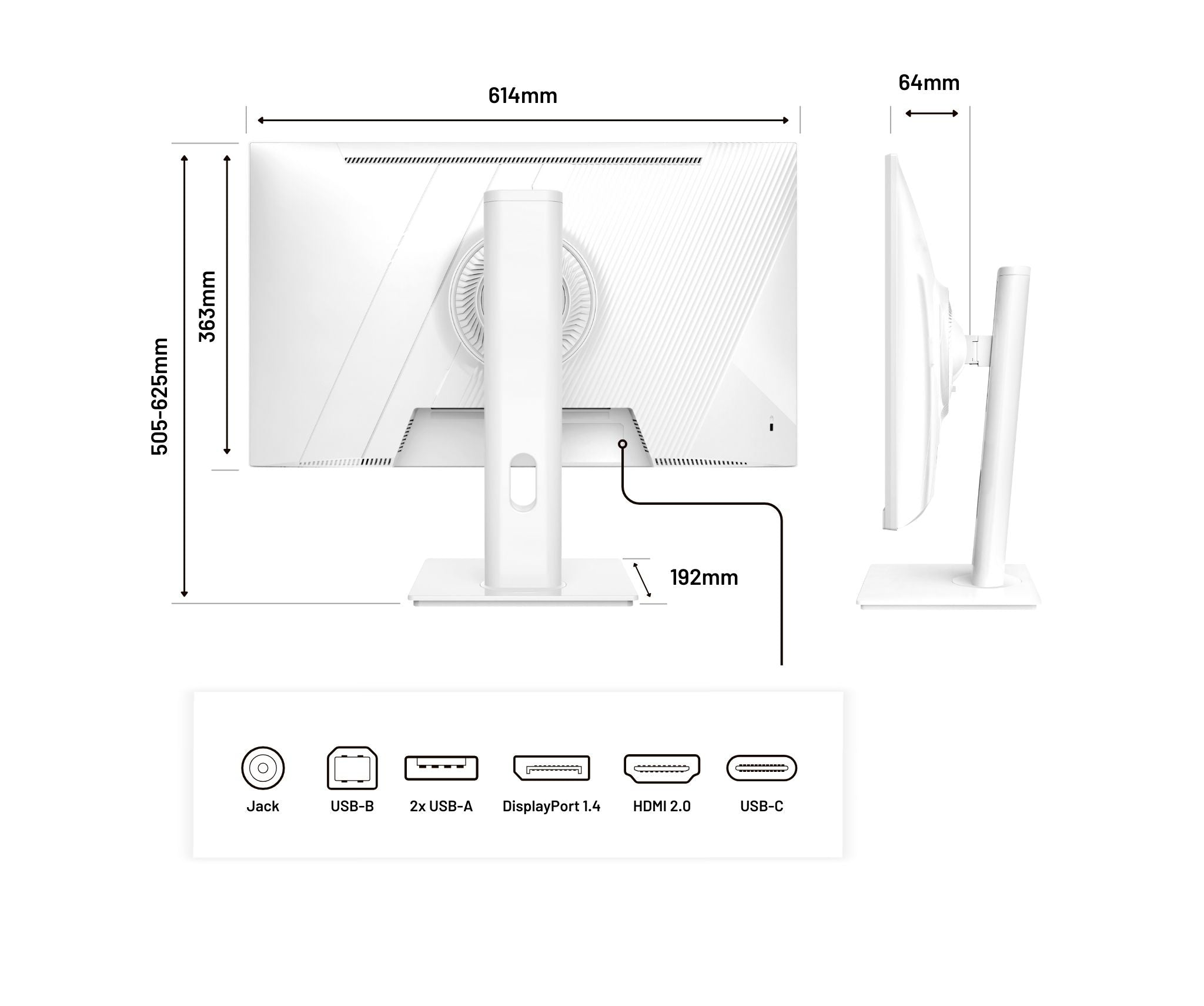 Ein weißer Monitor mit Bemaßungen. Verschiedene Anschlüsse sind abgebildet: Jack, USB-B, 2x USB-A, DisplayPort 1.4, HDMI 2.0, USB-C.