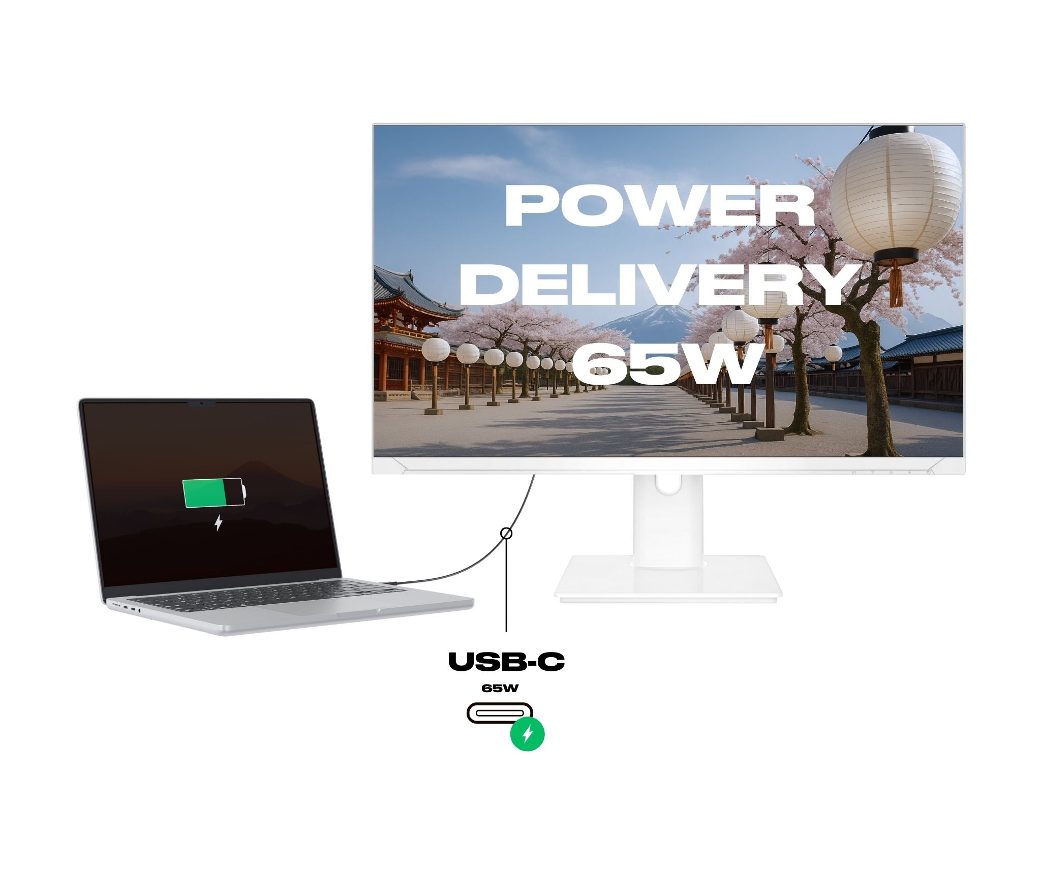 Ein Laptop, der über einen Monitor mit malerischem Hintergrund aufgeladen wird. Text lautet 'Power Delivery 65W' und 'USB-C'.