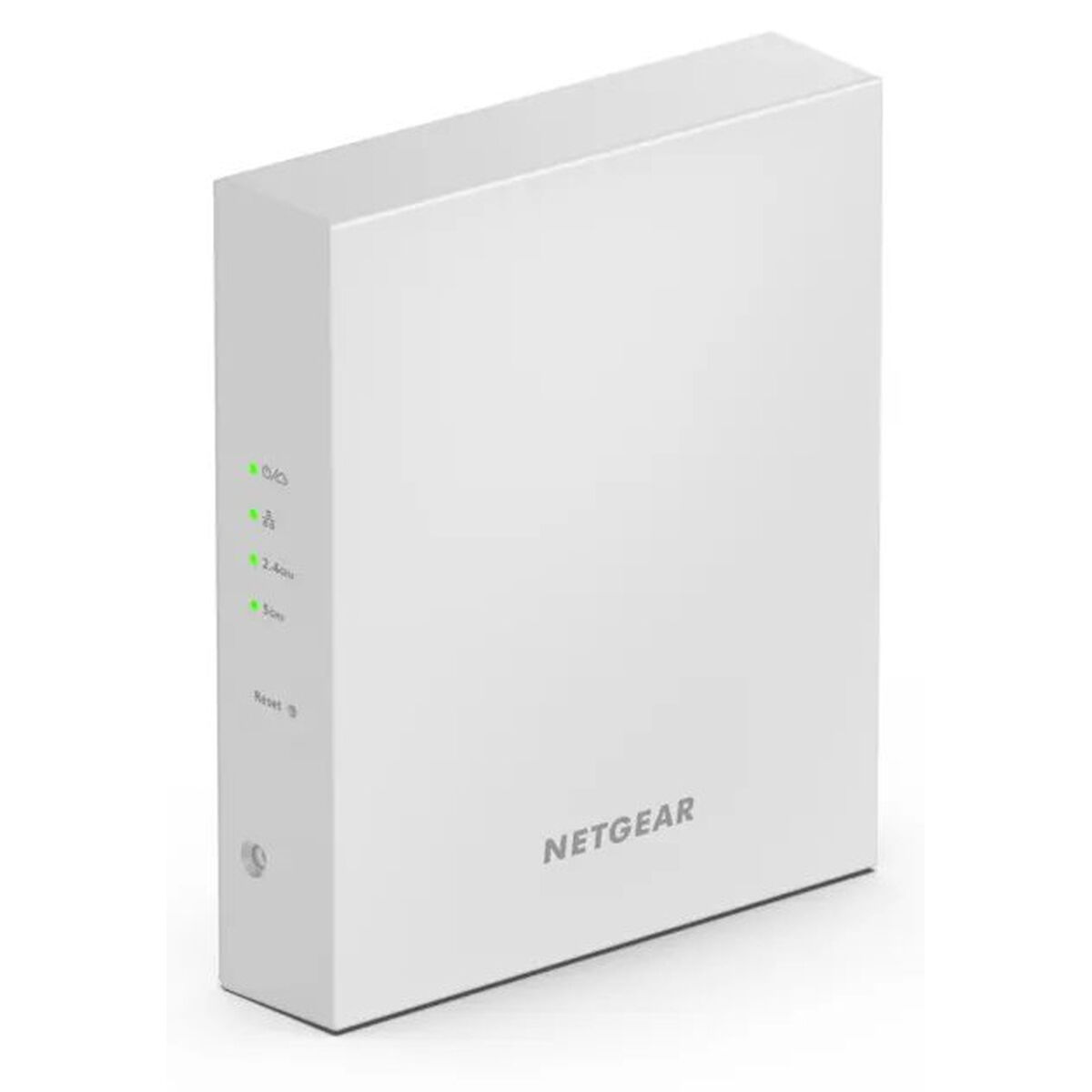 Ein weißer Netgear-Router. Er hat grüne Kontrollleuchten und eine Reset-Taste an der Seite. Das Netgear-Logo ist sichtbar.