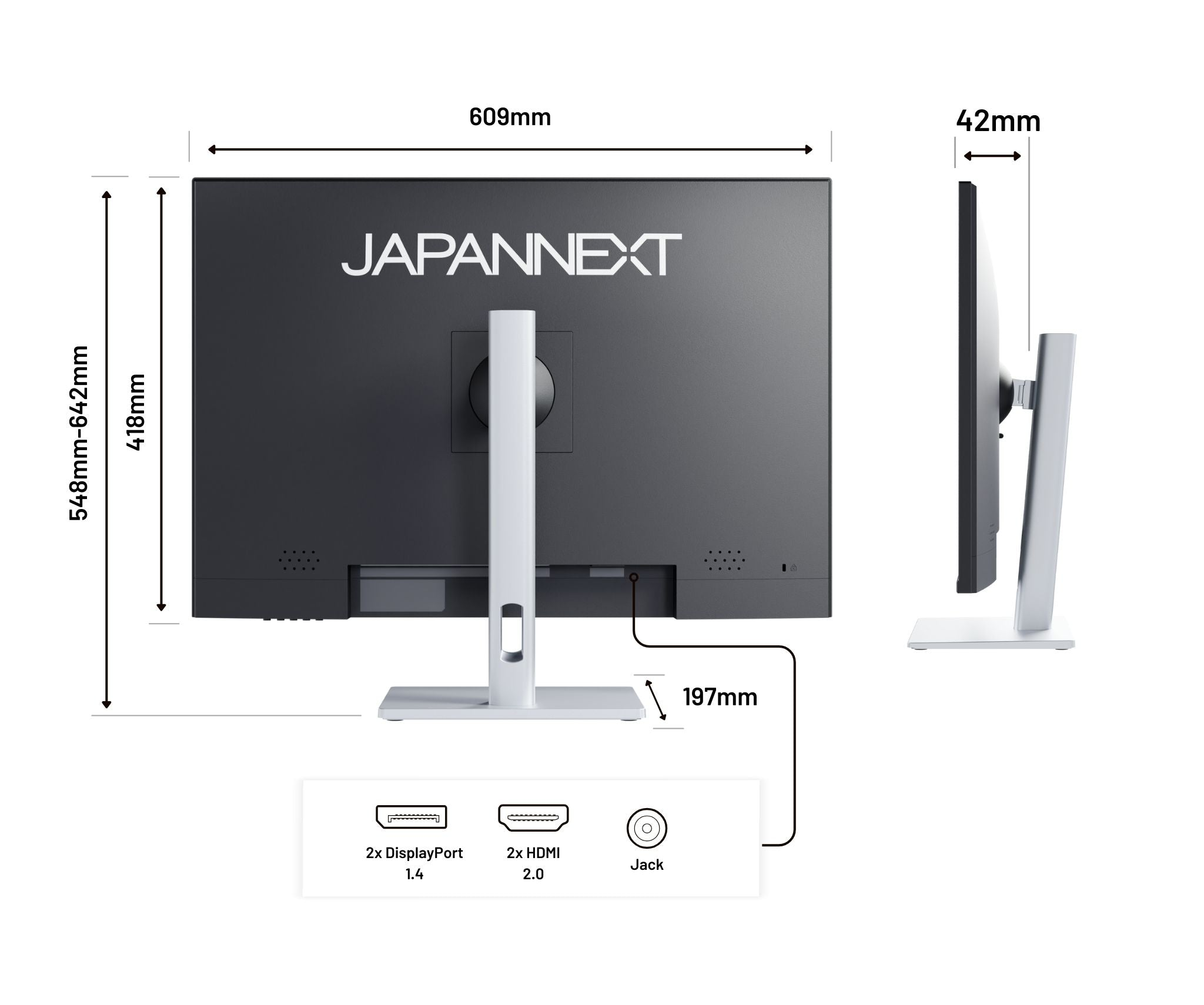 Un monitor de computadora con dimensiones etiquetadas. Tiene la marca 'JAPANNNEXT' y varios puertos, incluidos HDMI y DisplayPort.