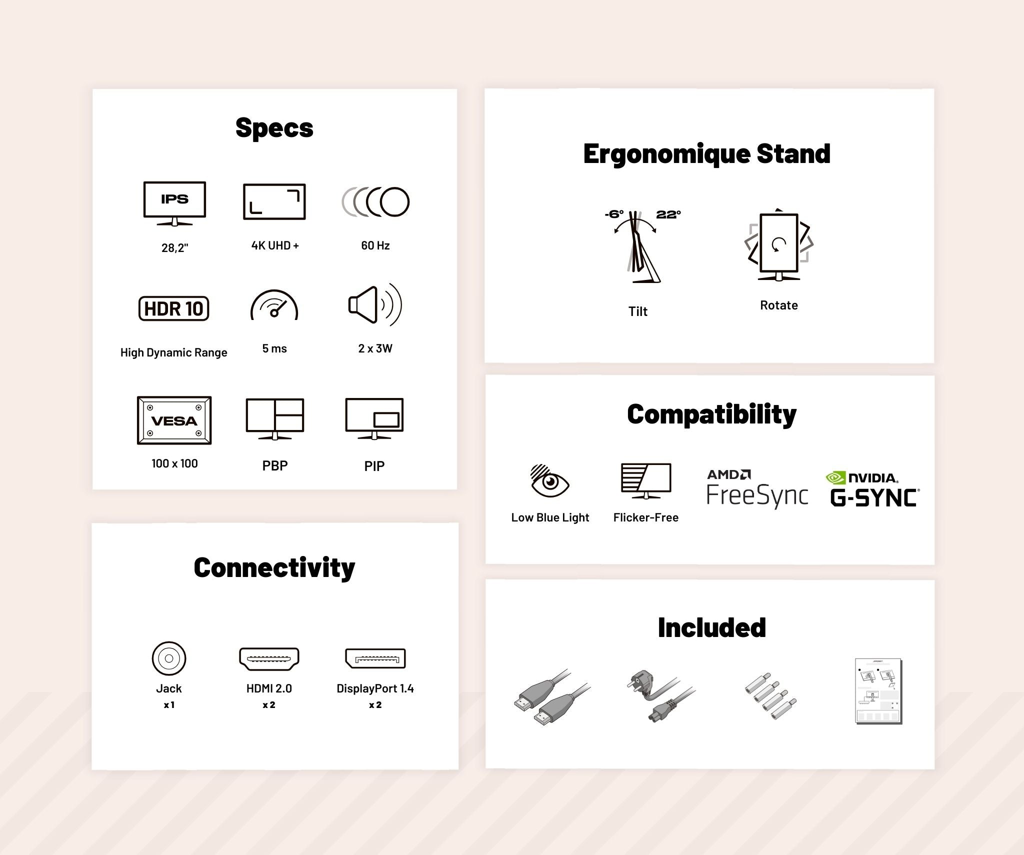 La imagen muestra especificaciones, soporte ergonómico, compatibilidad, conectividad y elementos incluidos de un monitor.