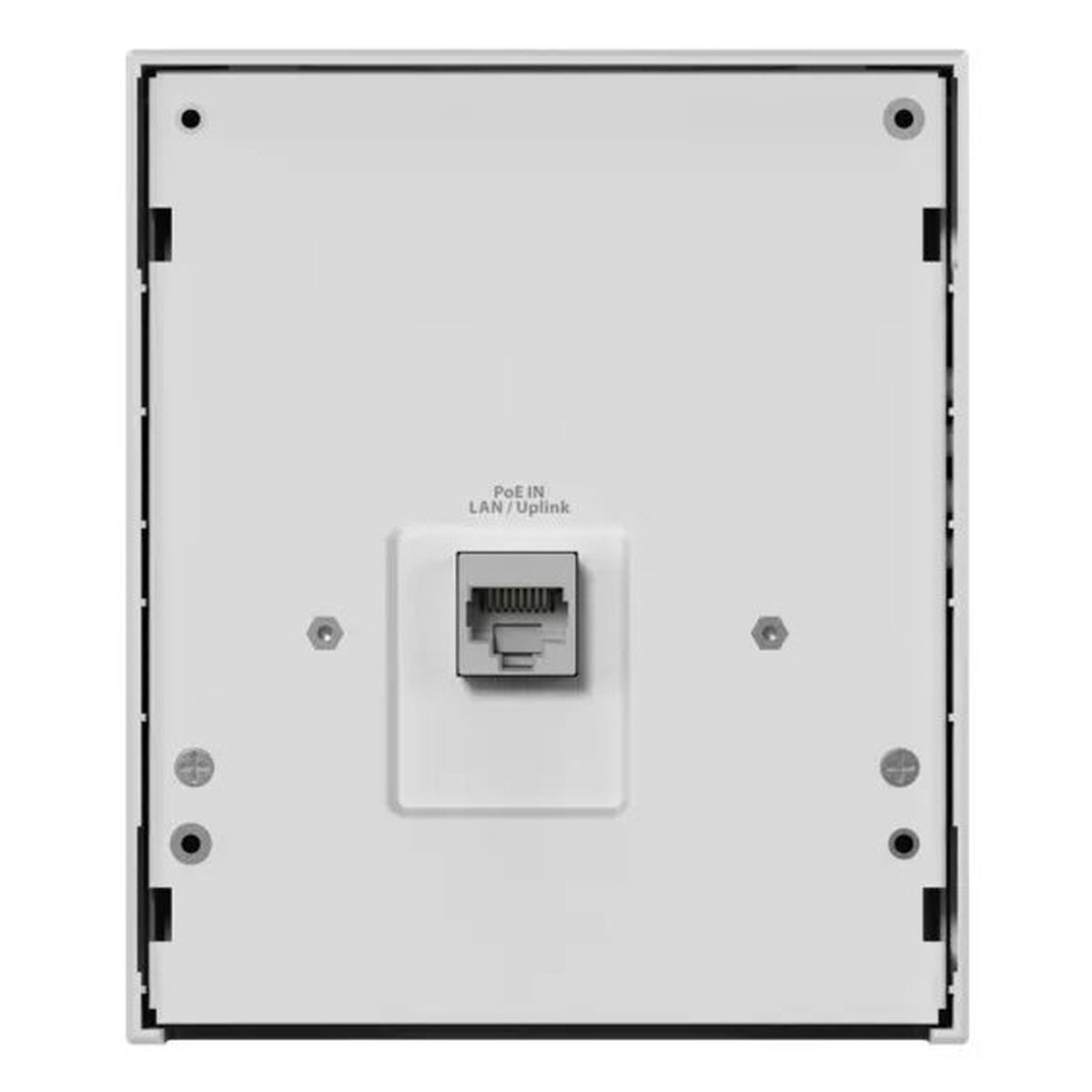 Eine weiße Platte mit einem Netzwerkanschluss, der mit PoE IN/LAN/Uplink beschriftet ist. Die Platte hat Schrauben und Befestigungselemente.