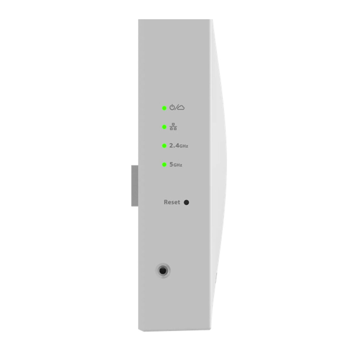 Ein weißer Router mit grünen Statuslichtern. Beschriftet mit 2,4 GHz, 5 GHz und Reset. Ein kleiner Knopf und ein Anschluss sind sichtbar.