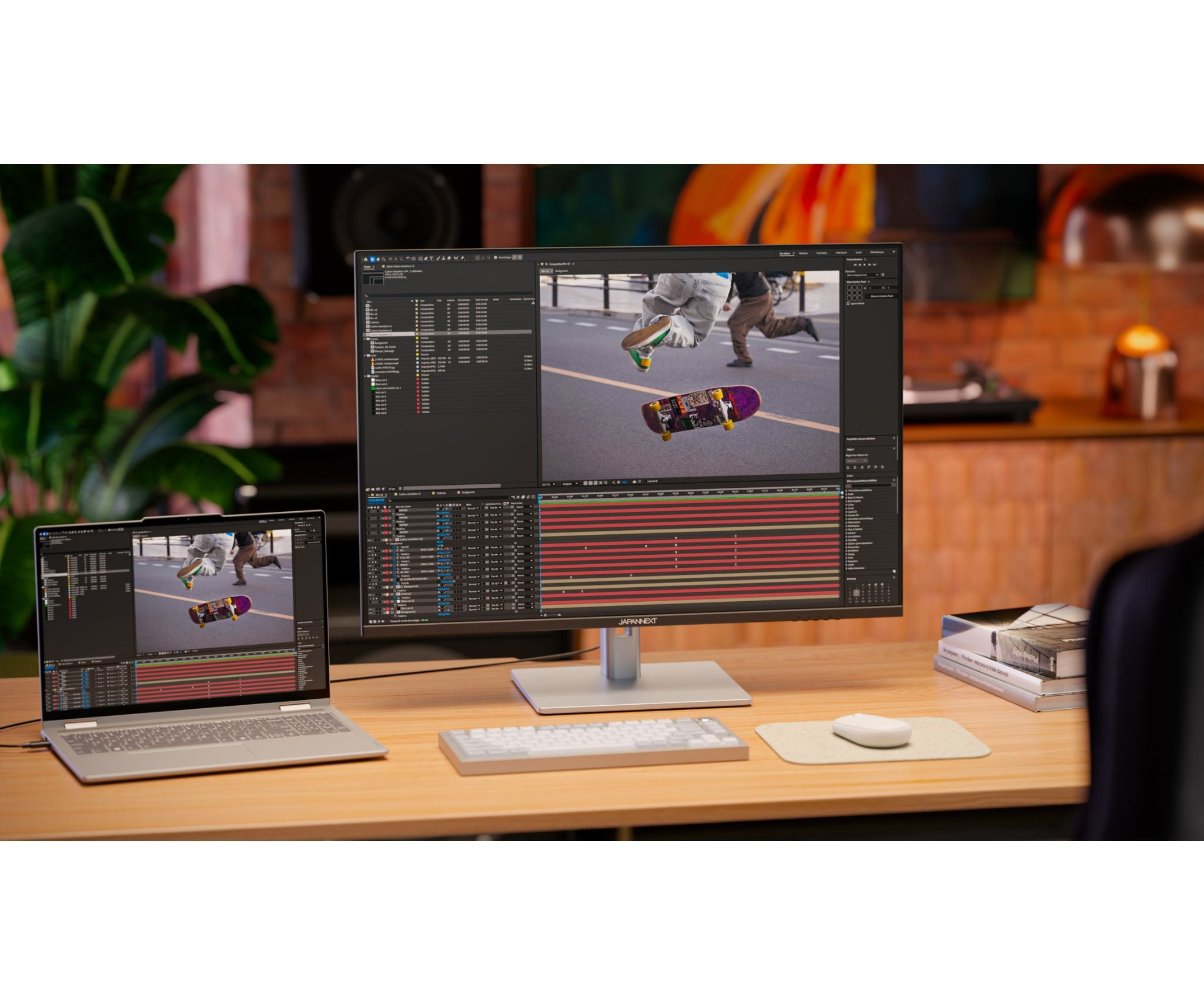 Configuración de escritorio con portátil y monitor grande que muestra software de edición de video, con un skater en el video.