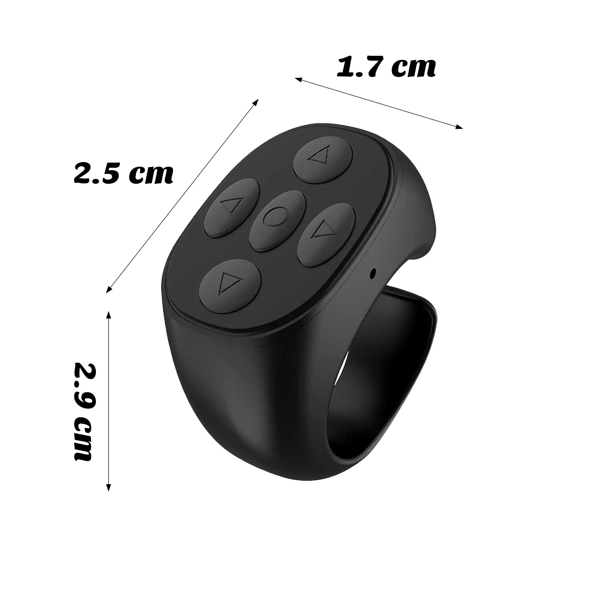 Eine schwarze ringförmige Fernbedienung mit fünf Tasten. Maße: 2,5 cm x 1,7 cm x 2,9 cm. Tasten sind Pfeile und ein Kreis.