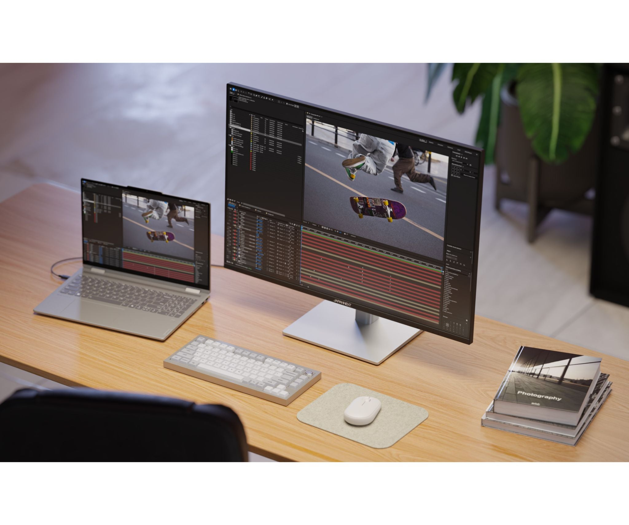 Configuración de escritorio con portátil, monitor con software de edición de vídeo, teclado, ratón y libros de fotografía.