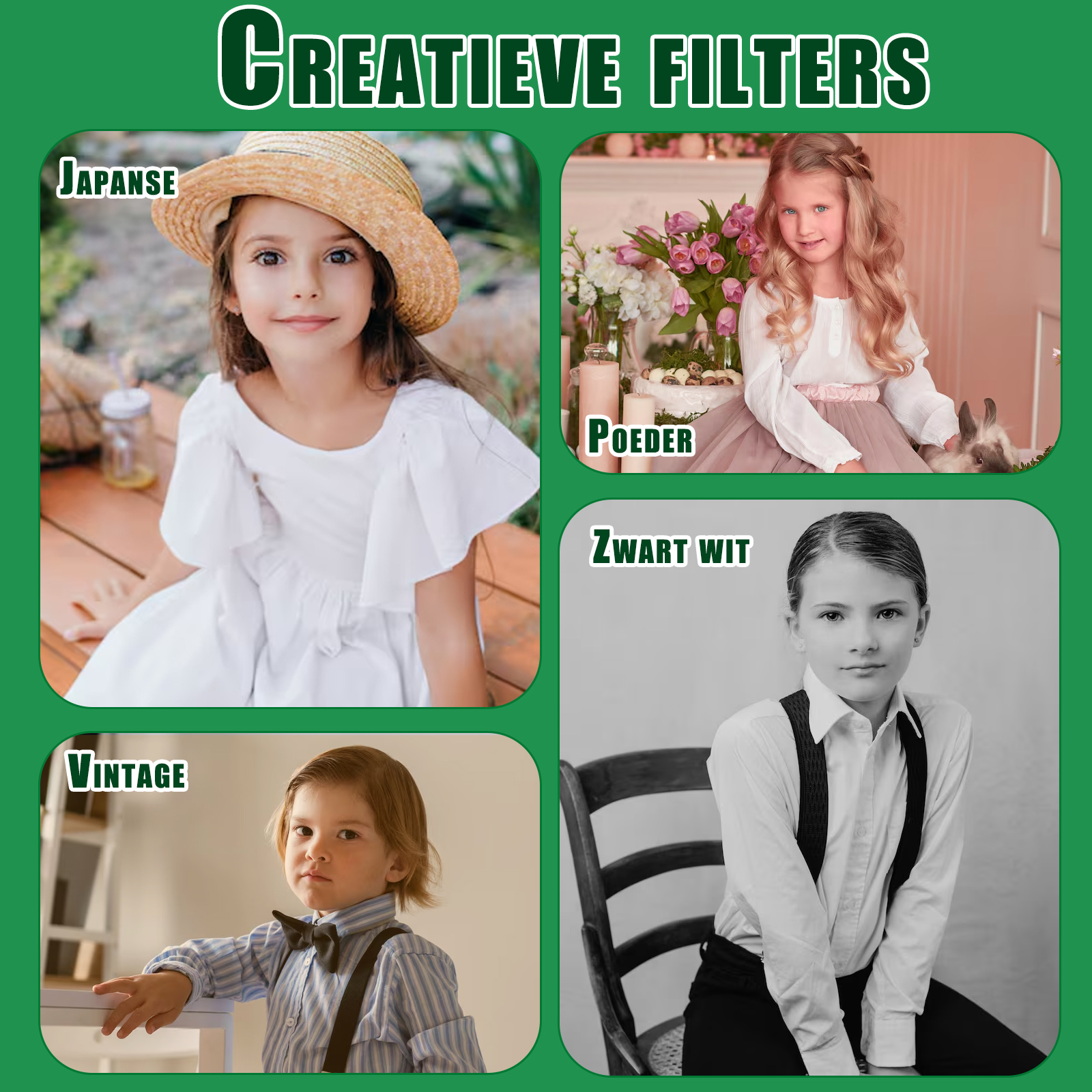 Das Bild zeigt vier Kinderporträts, jedes in einem anderen Stil. Oben links ist Japanisch, oben rechts Puder, unten links Vintage und unten rechts Schwarzweiß.