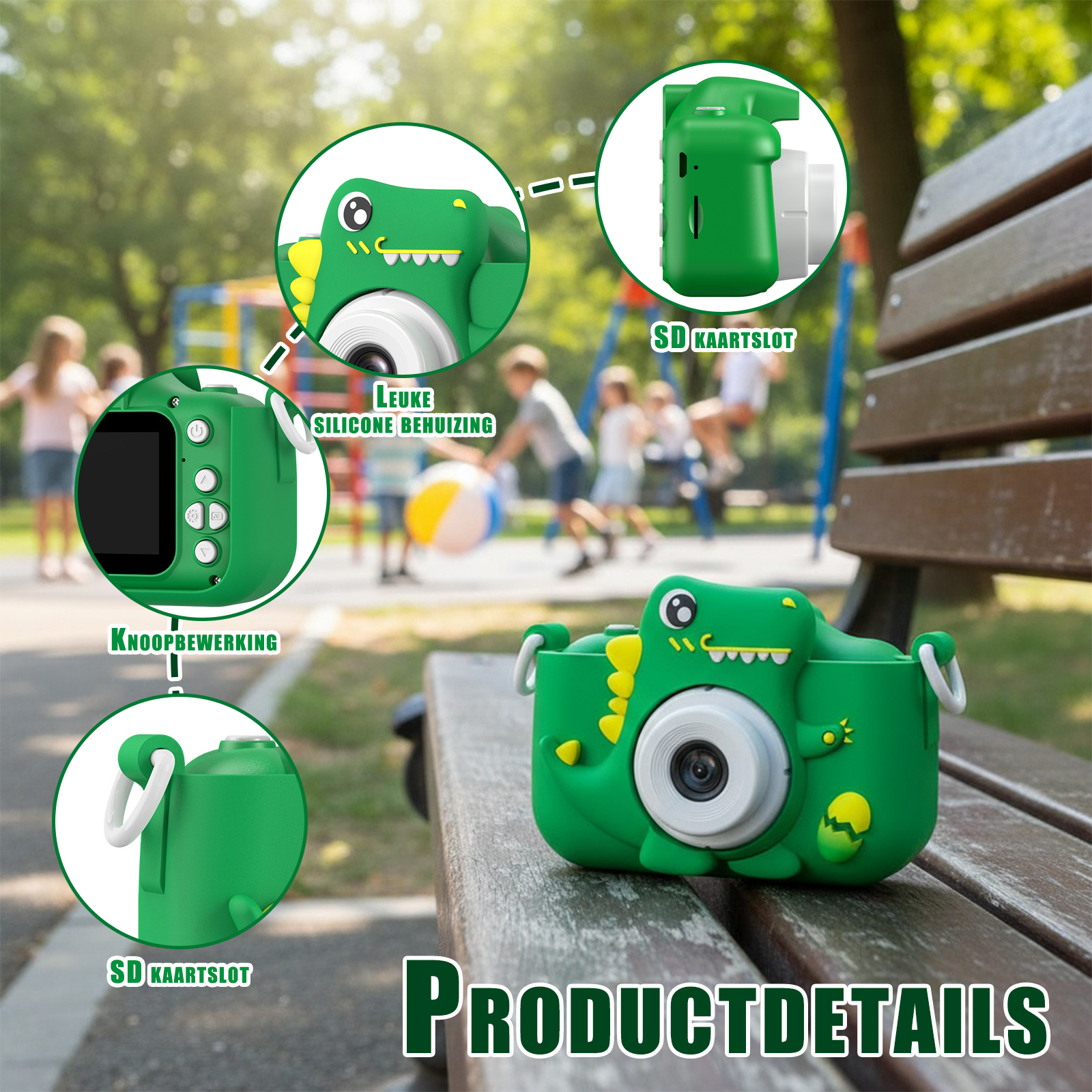 Grüne Kamera in Dinosaurierform auf einer Bank, mit Zoomdetails. Kinder spielen im Hintergrund. Produktdetails Text darunter.