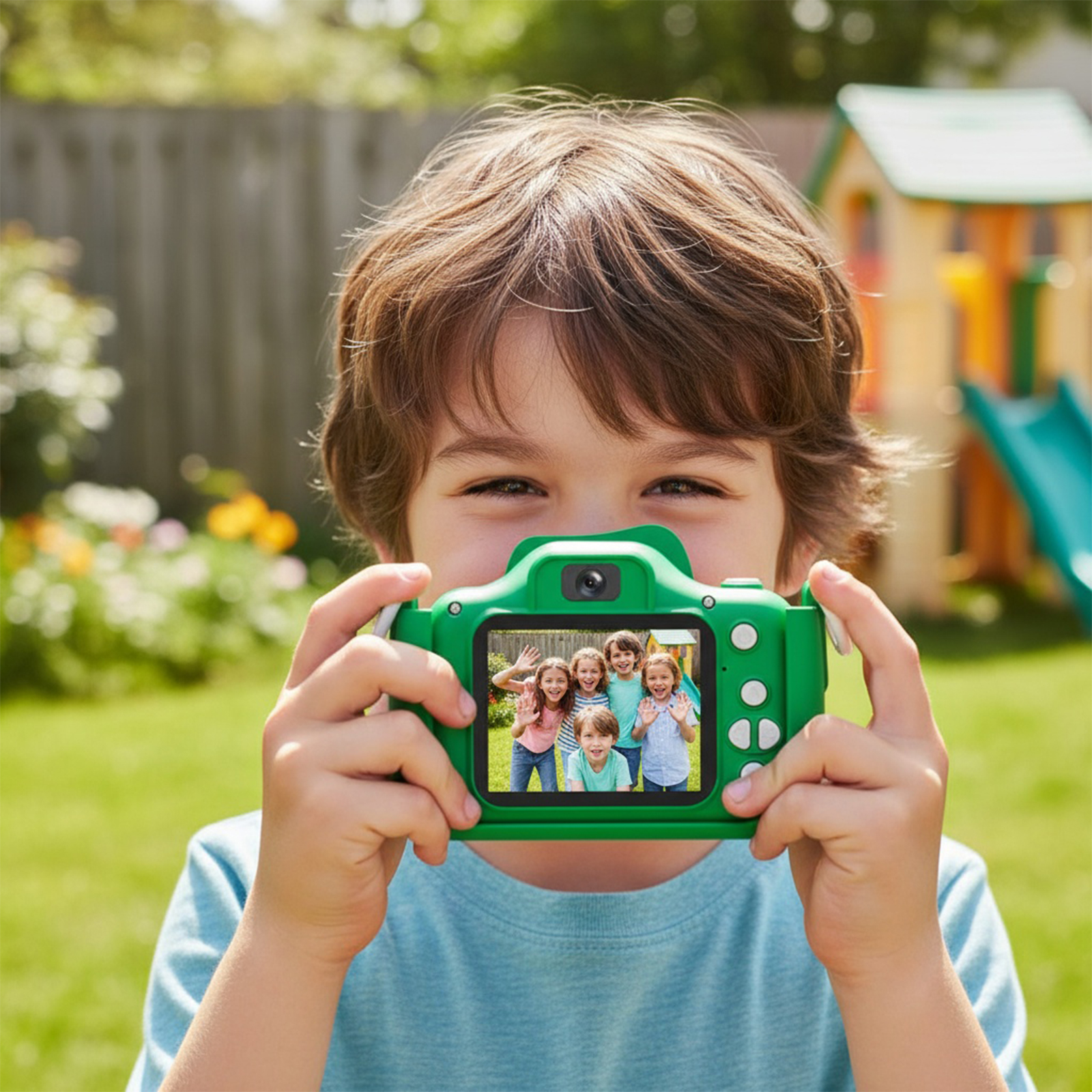 Ein Junge hält eine grüne Kamera, die ein Foto von fünf Kindern zeigt. Der Hintergrund zeigt einen Garten mit einem Spielhaus.