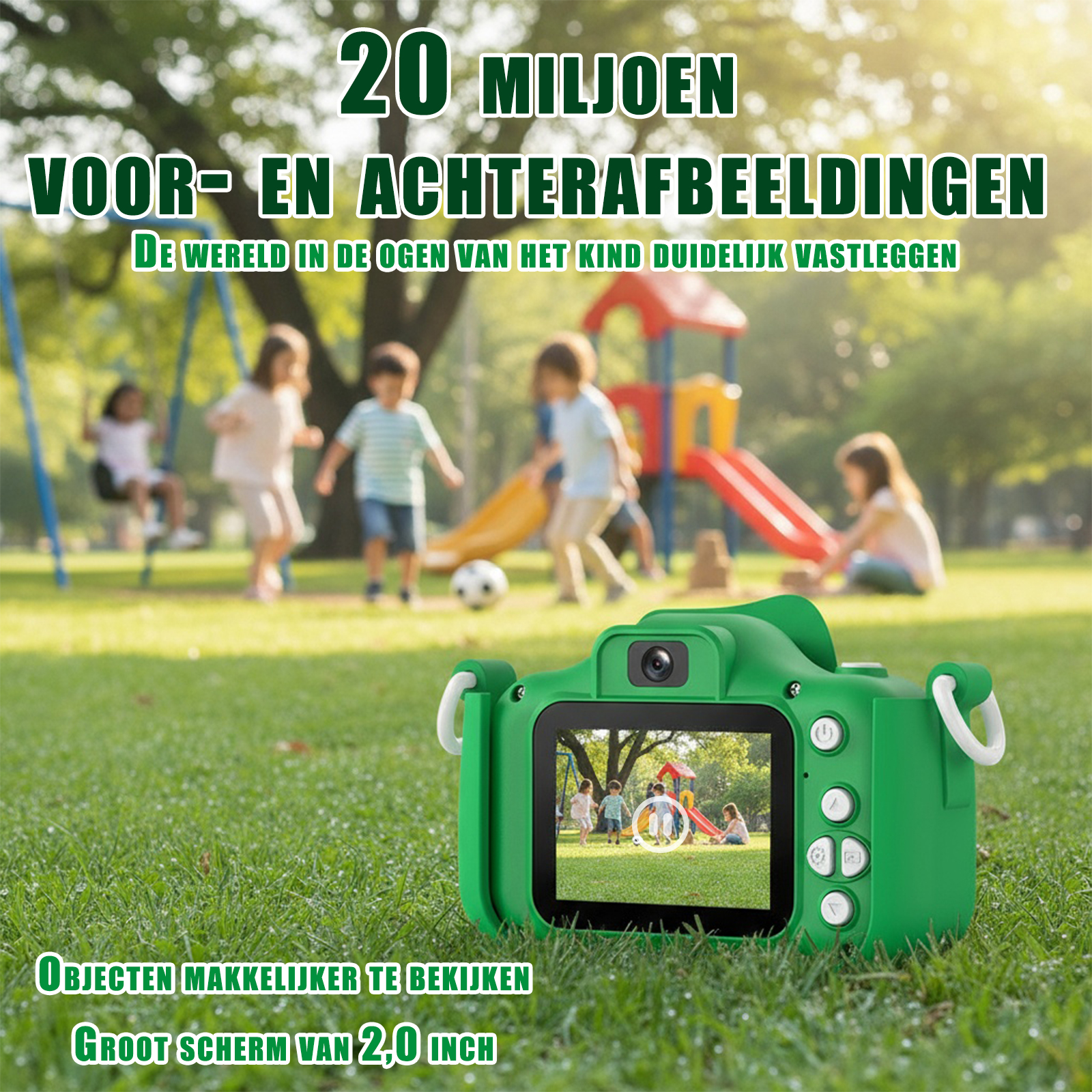 Grüne Kamera auf Gras, Kinder spielen im Hintergrund. Spielplatz, Text: 20 Millionen, voor- en achterafbeeldingen, großes Display.