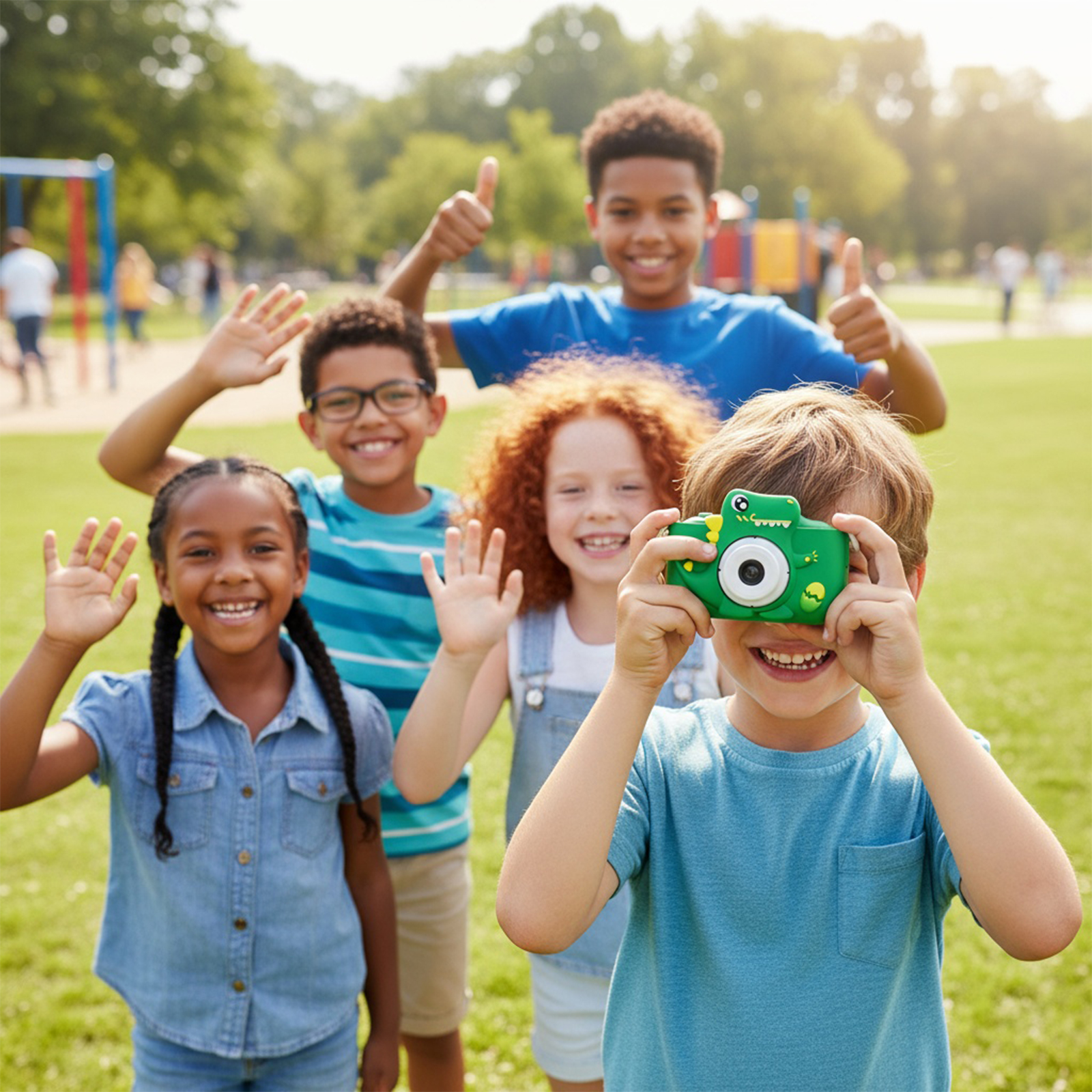 Kindergruppe winkt und lächelt. Einer hält eine grüne Kamera. Parkhintergrund mit Bäumen und Spielplatz.