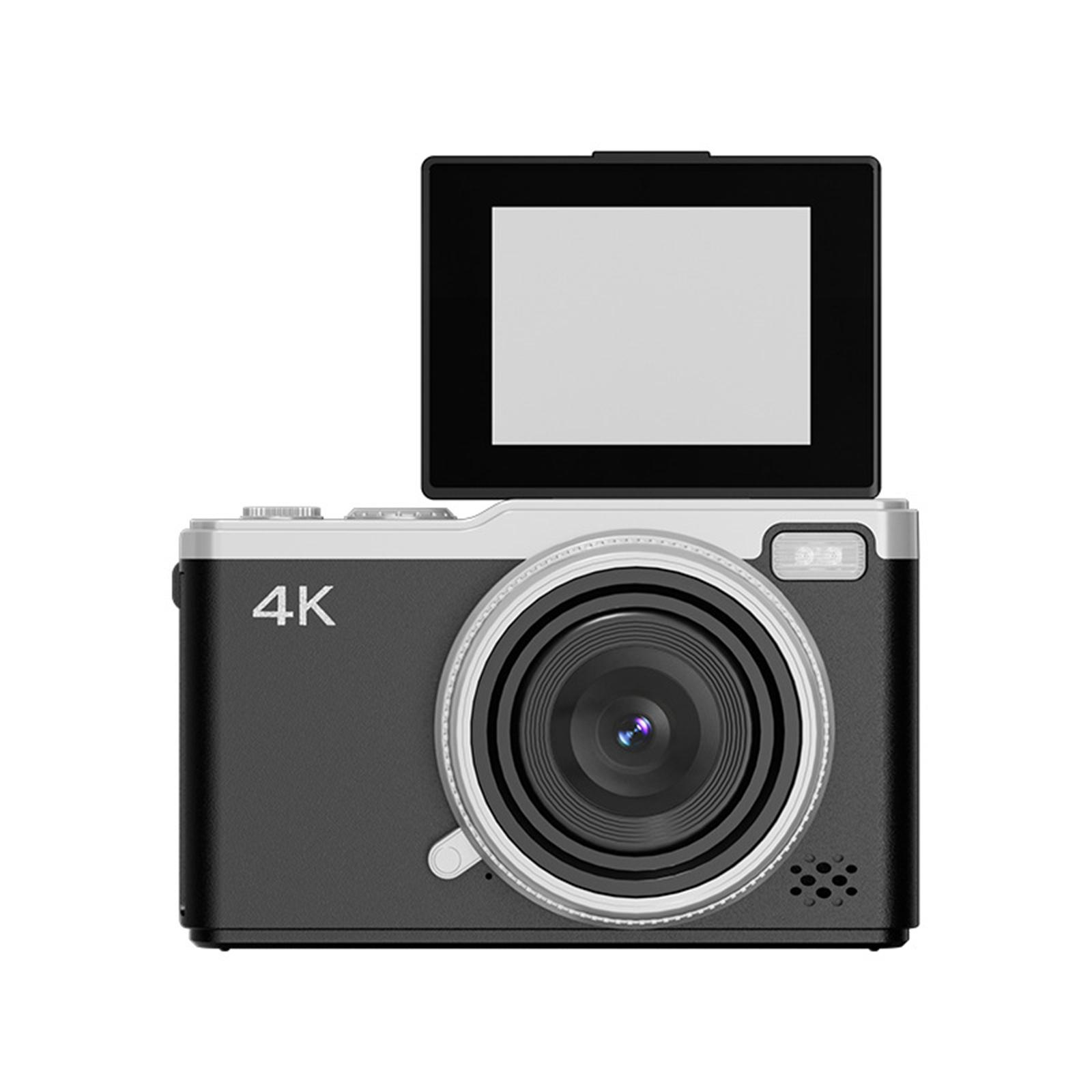 Schwarze 4K-Action-Kamera mit Bildschirm. Das Objektiv ist zentriert, von einem Silberring umgeben, und hat ein schwarzes Gehäuse.