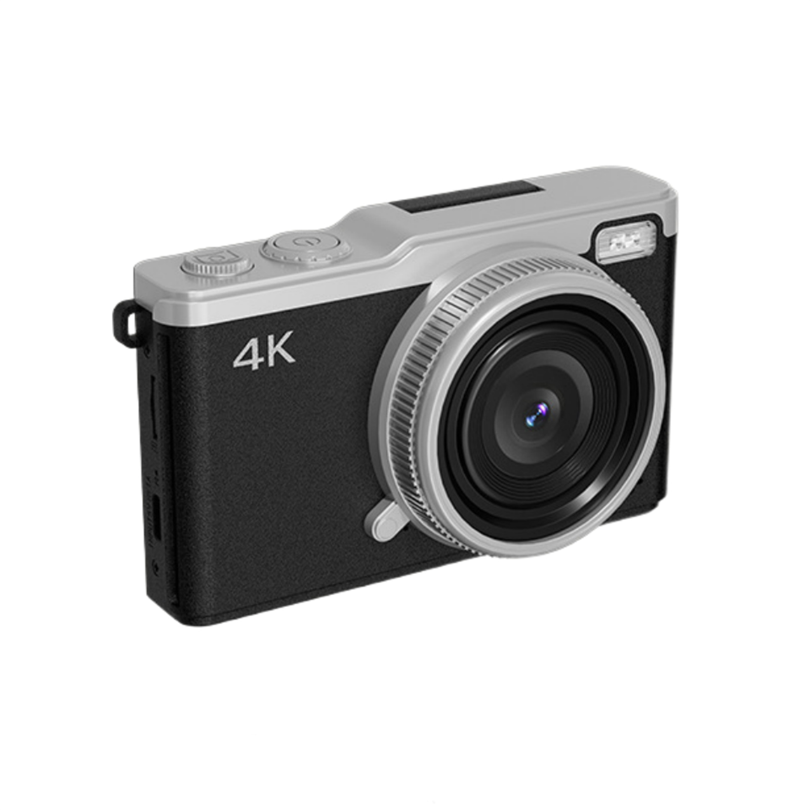 Eine kompakte Digitalkamera mit schwarzem Gehäuse, silberner Oberseite und großem Objektiv. Sie hat ein 4K-Etikett.