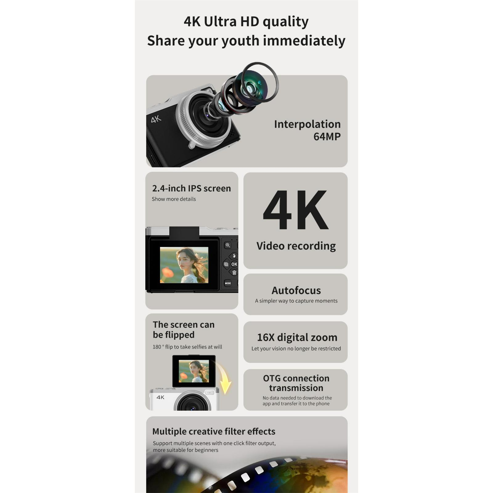 Werbebild einer Digitalkamera. Zu den Funktionen gehören 4K-Videoaufnahmen, ein Klappbildschirm und mehrere Filtereffekte.