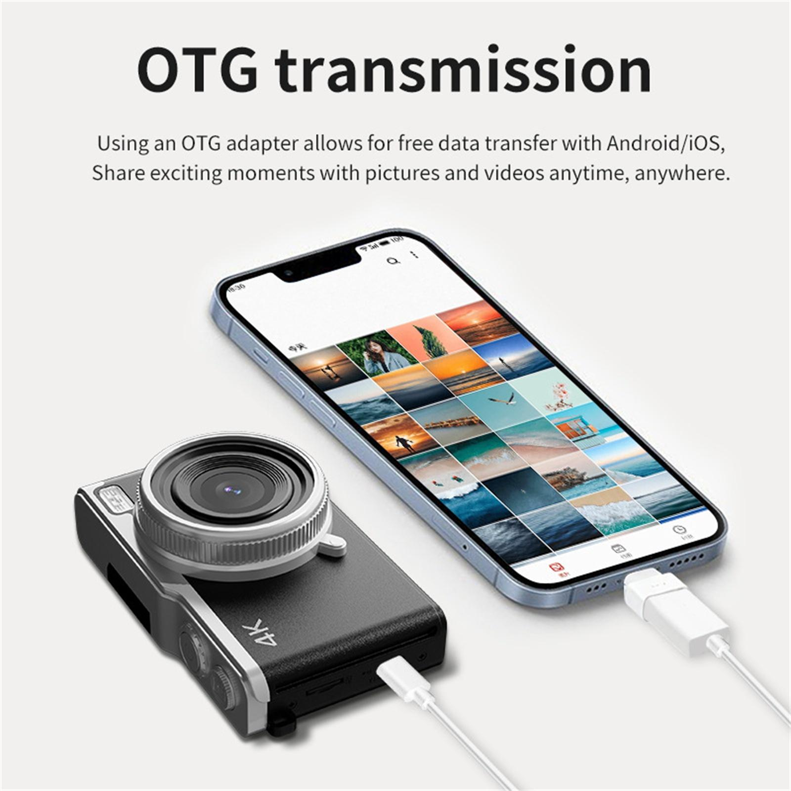 Ein Telefon und eine Kamera sind per Kabel verbunden. Das Telefon zeigt Bilder an. Text: 'OTG-Übertragung'.