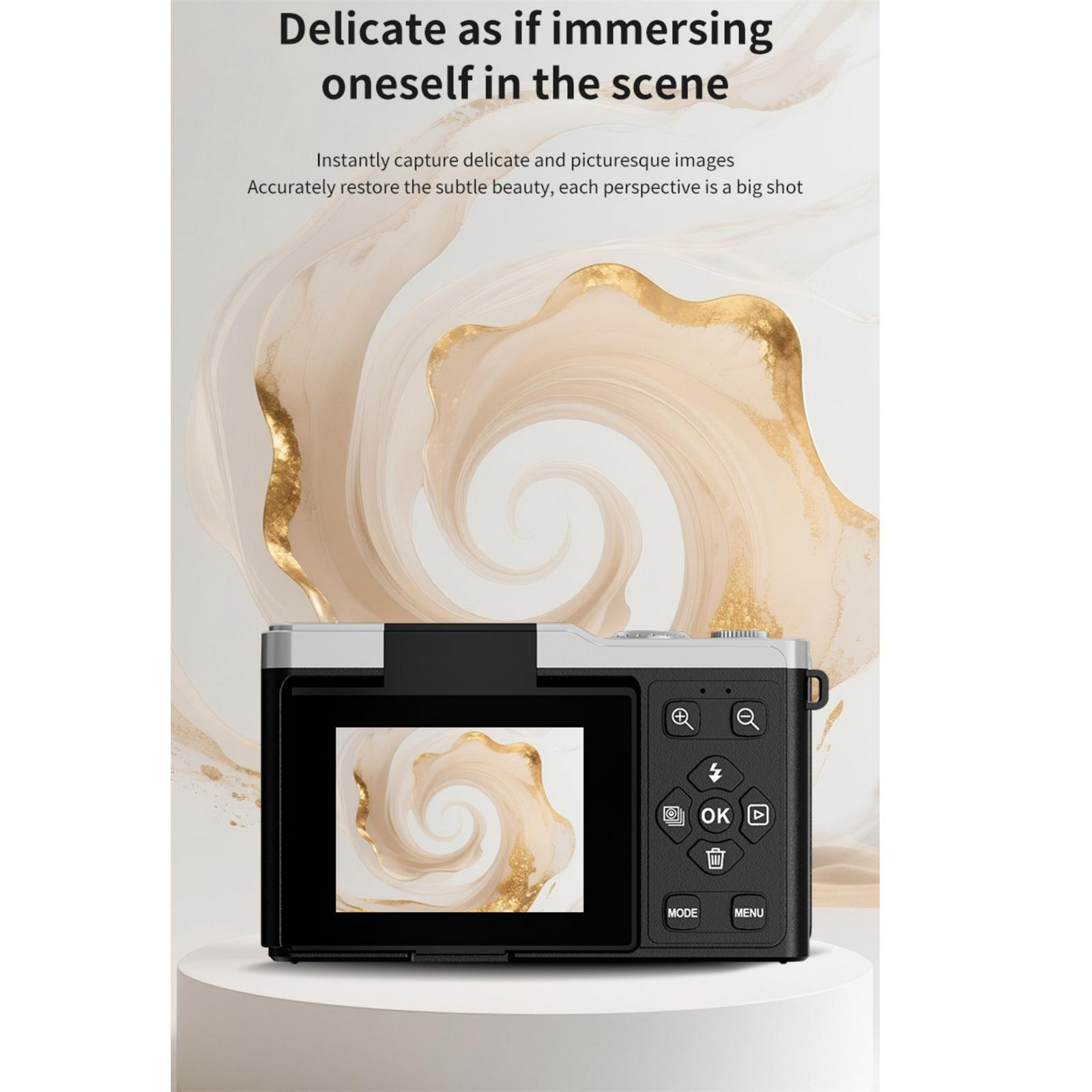 Schwarze Kamera auf weißem Ständer, Bildschirm zeigt Wirbeldesign vor goldenem Hintergrund.