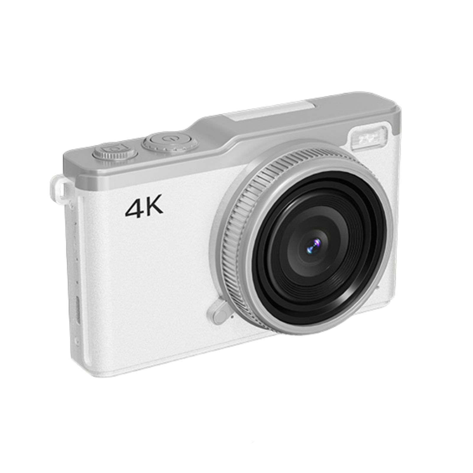Weiße und graue 4K-Digitalkamera. Objektiv ist schwarz. Hat einen Knopf und einen kleinen Blitz. Auf weißem Hintergrund isoliert.