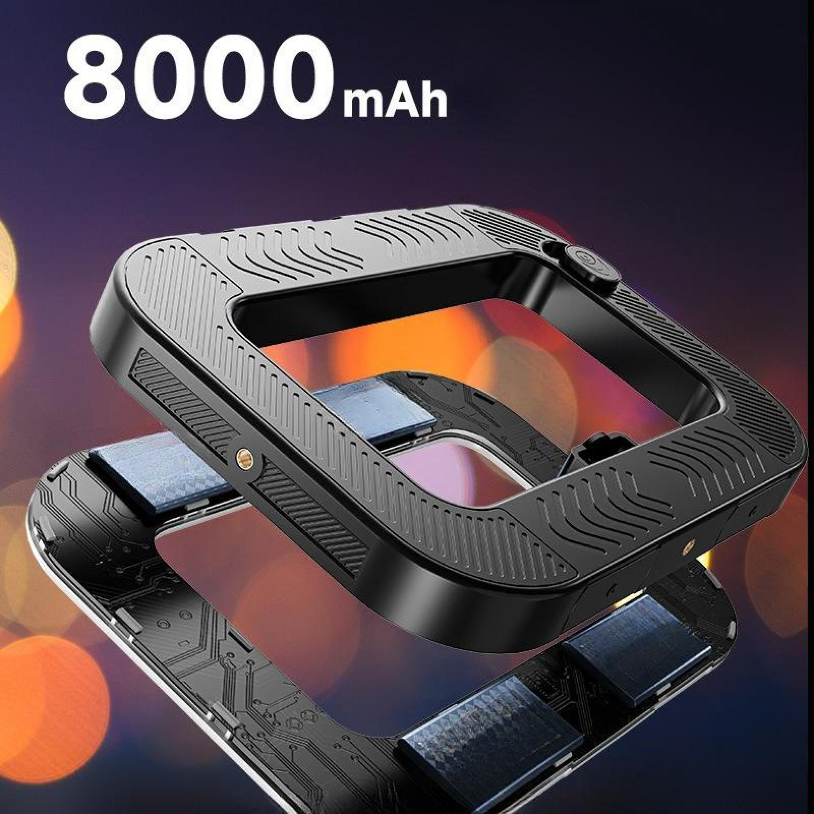 Schwarzes, quadratisches Gerät mit 8000mAh Text. Es ist eine Powerbank mit blauen Chips und einer Leiterplatte.