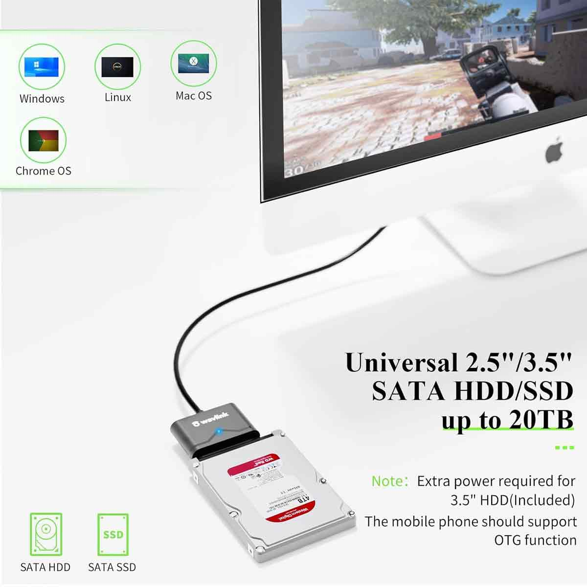 Festplatte an Monitor angeschlossen, OS-Icons. Text: Universal SATA HDD/SSD bis 20TB. Hinweise zu Strom und OTG.