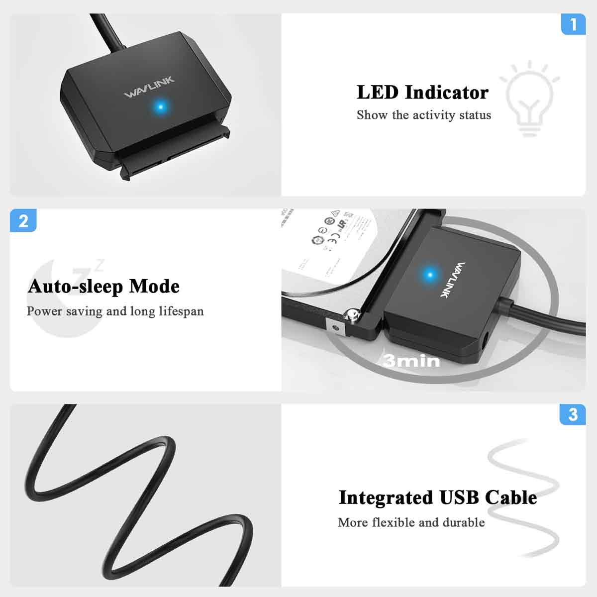Das Bild zeigt ein schwarzes WAVLINK-Gerät mit blauer LED, USB-Kabel und Text zu Auto-Sleep- und Kabelfunktionen.