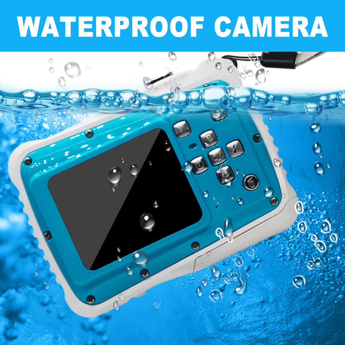 Eine wasserdichte Kamera im Wasser. Sie ist blau und weiß, mit Knöpfen und einem schwarzen Bildschirm. Blasen schweben herum.