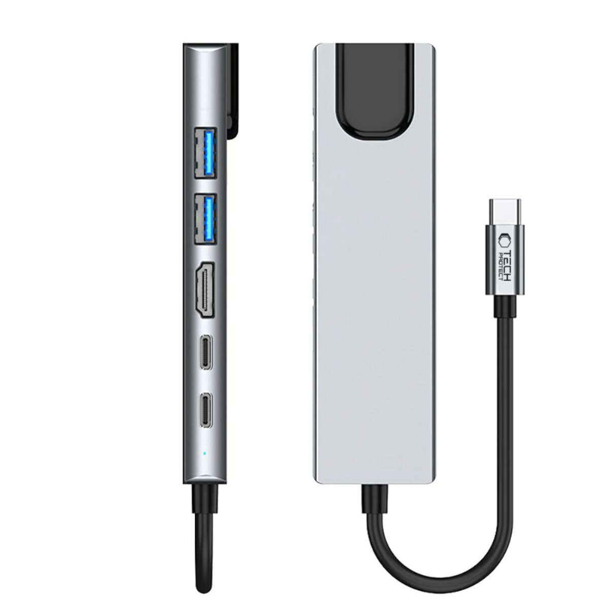 Een zilveren USB-C hub met meerdere poorten, waaronder USB, HDMI en USB-C. Een zwarte kabel verbindt de hub met het apparaat.