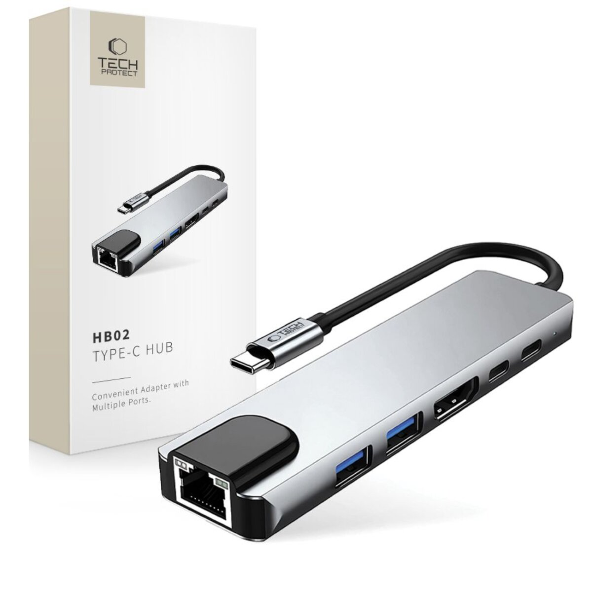 Een zilveren Tech Protect HB02 Type-C hub met meerdere poorten, zwarte kabel en een witte doos met de productnaam.