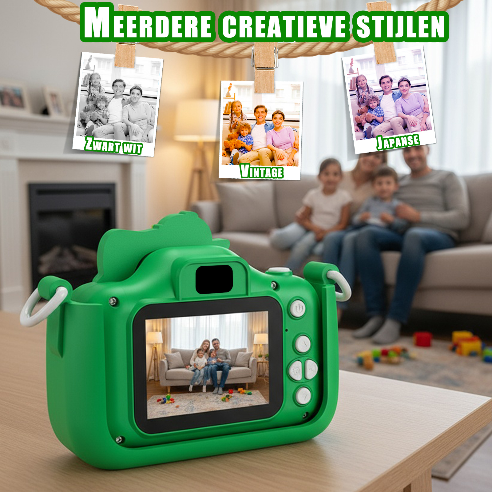 Eine grüne Kamera mit Familienfoto auf dem Bildschirm. Drei Fotos zeigen verschiedene Stile.