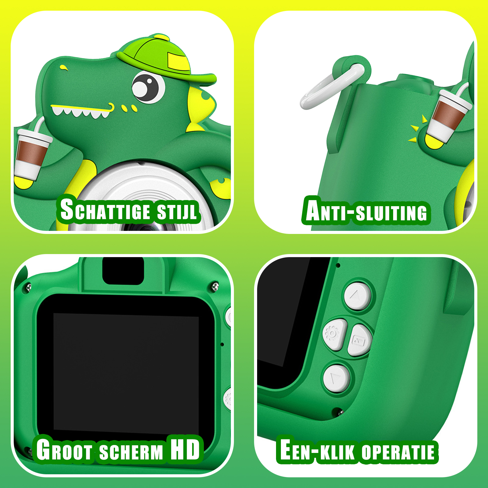 Grüne Dino-Kamera mit großem Bildschirm und Knöpfen. Enthält niederländischen Text: 'Niedlicher Stil', 'Anti-Rutsch', 'Großer HD-Bildschirm', 'Ein-Klick-Bedienung'.