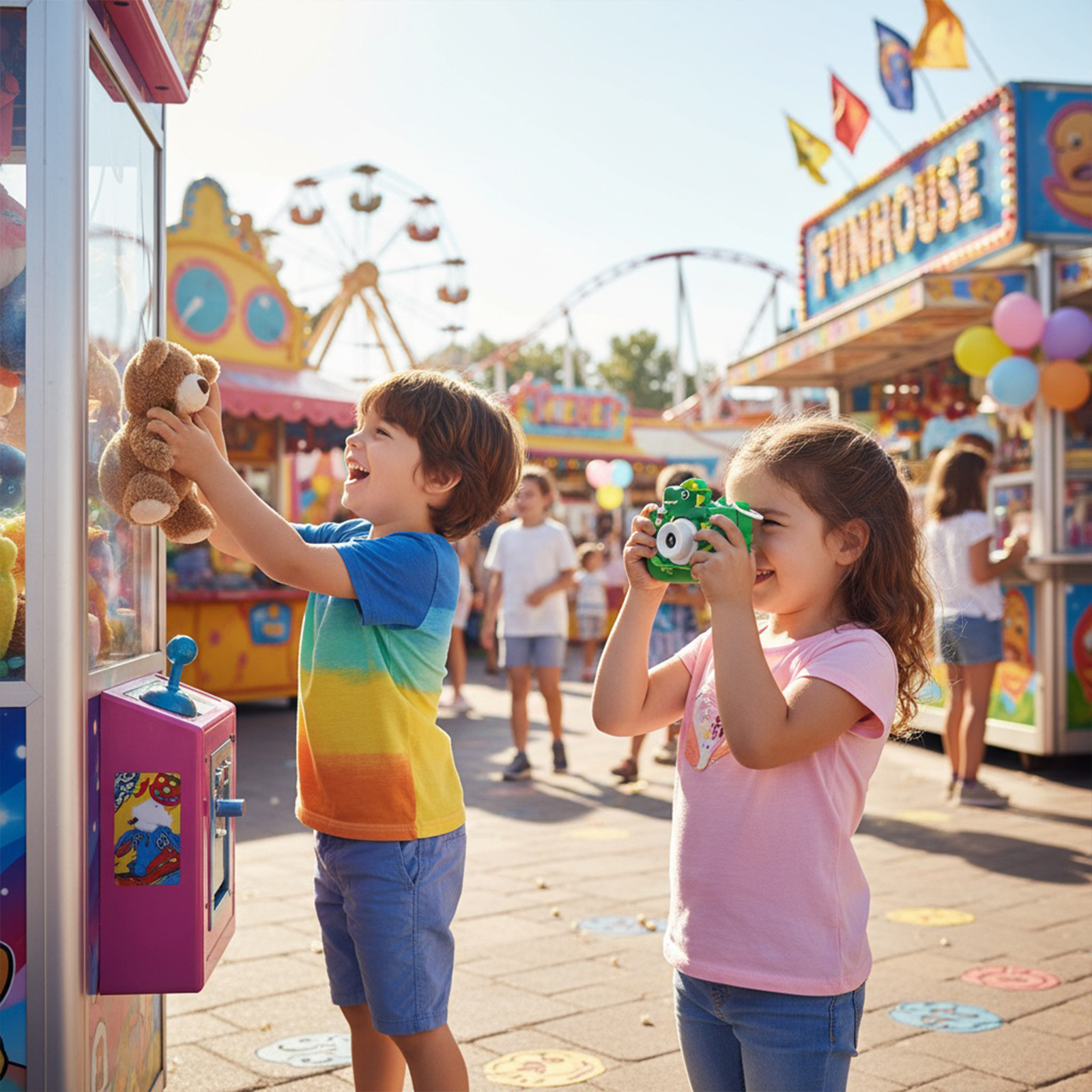 Kinder auf einem Jahrmarkt. Einer hält einen Teddyb ären, der andere eine Spielzeugkamera. Funhouse und Riesenrad im Hintergrund.