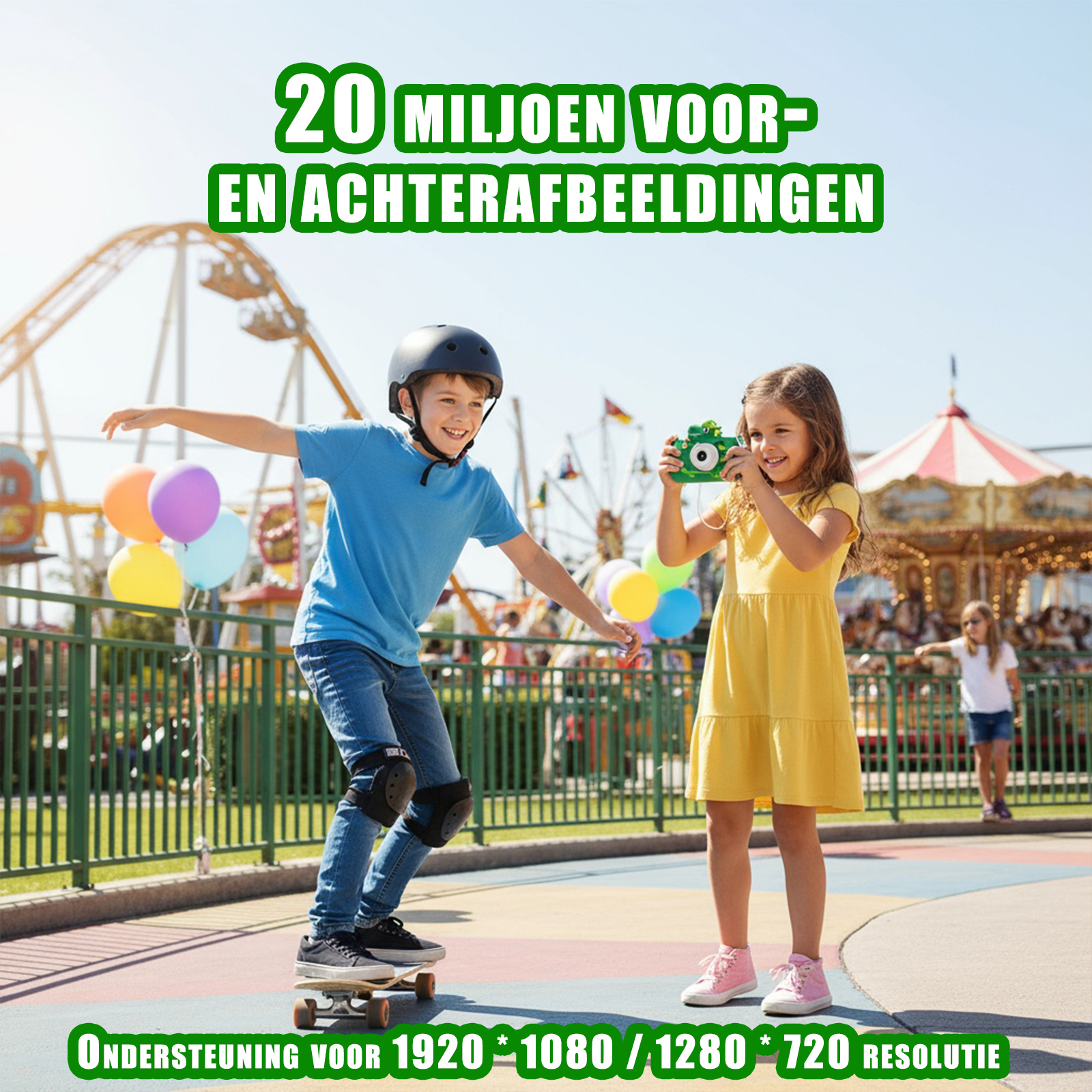 Junge auf Skateboard, Mädchen mit Kamera und Luftballons. Text: '20 Millionen Bilder' und Auflösungsunterstützung.