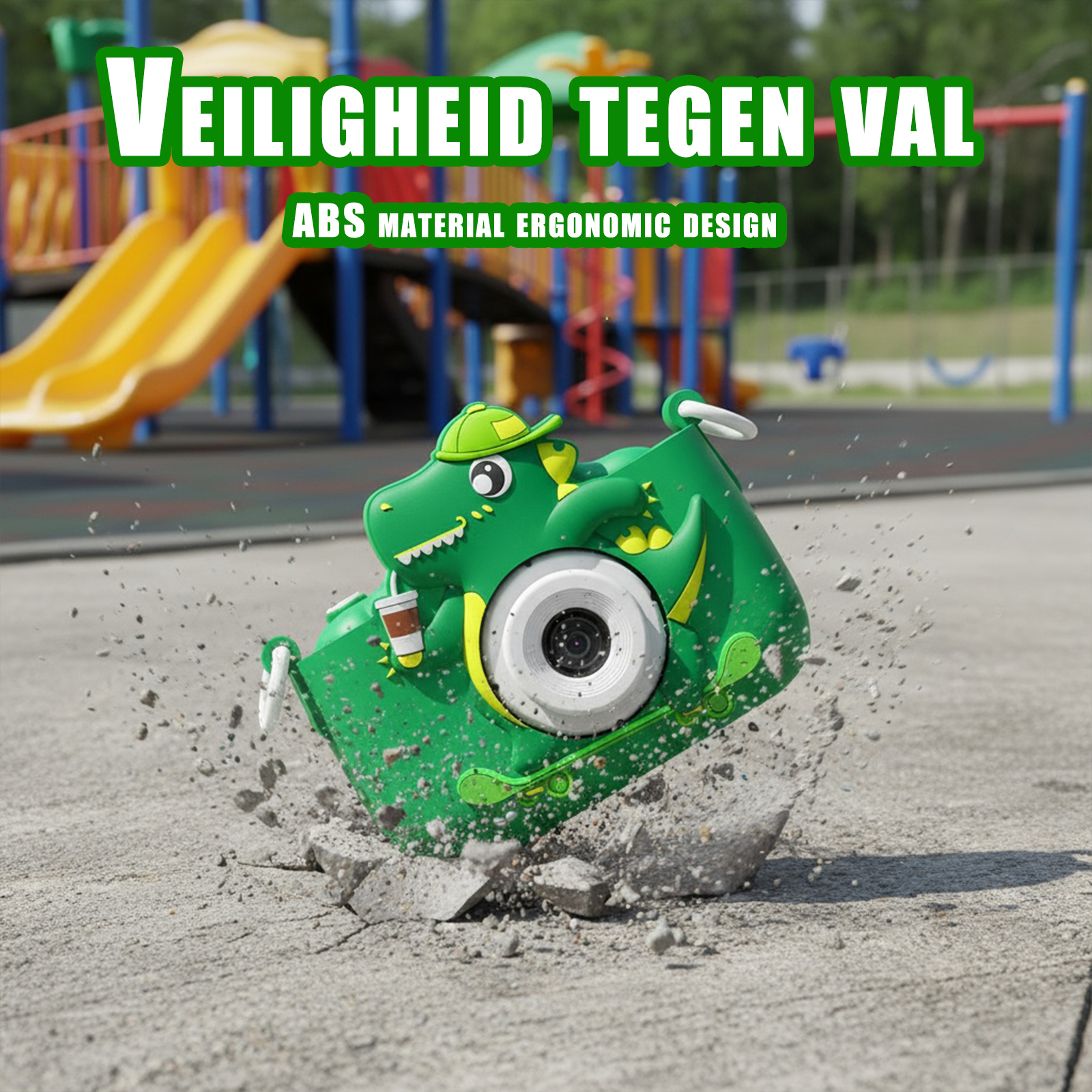 Grüne Dinosaurierkamera fällt, Beton zerbricht. Spielplatz im Hintergrund. Text: Veiligheid Tegen Val, ABS Material ergonomisches Design.