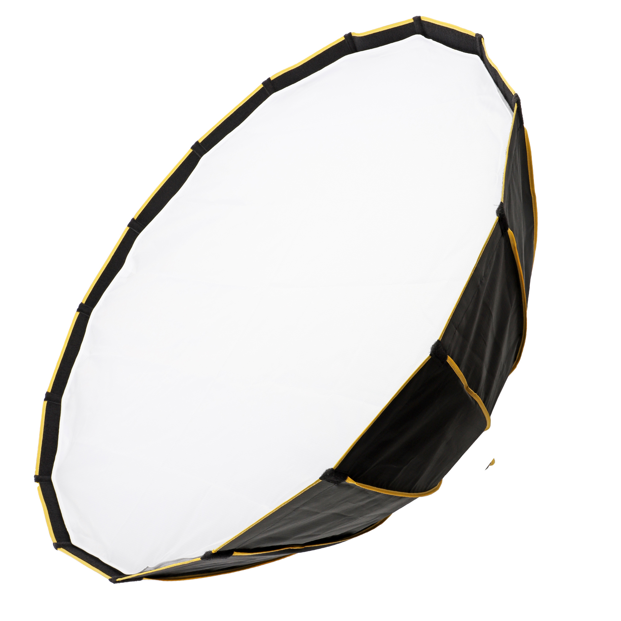 Ein Softbox, ein Fotografie-Werkzeug. Innen weiß, schwarz und gelb umrandet, vor weißem Hintergrund.