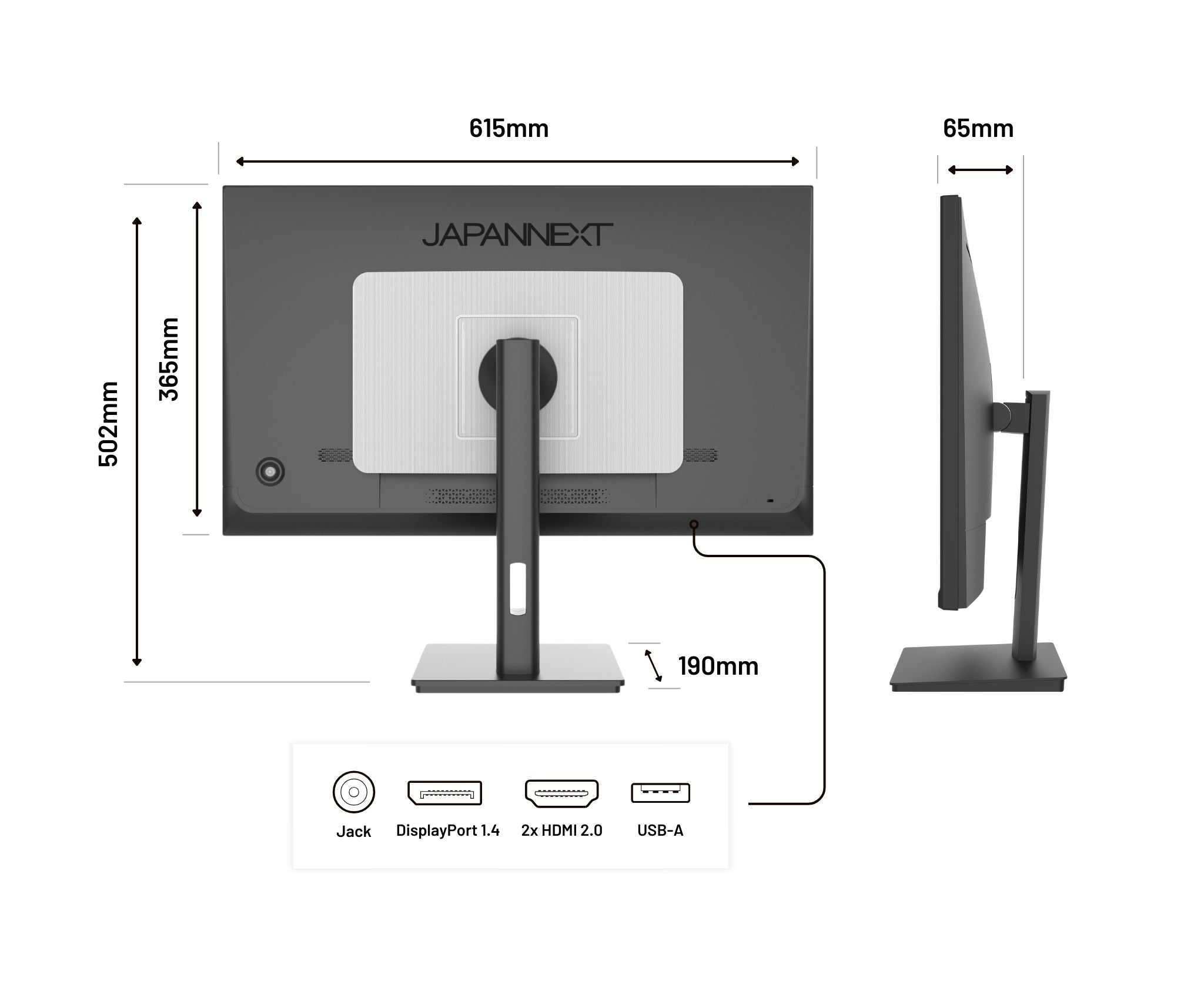 Se muestra un monitor de computadora con medidas y puertos. Tiene un soporte y una pantalla blanca y gris con el nombre de la marca.