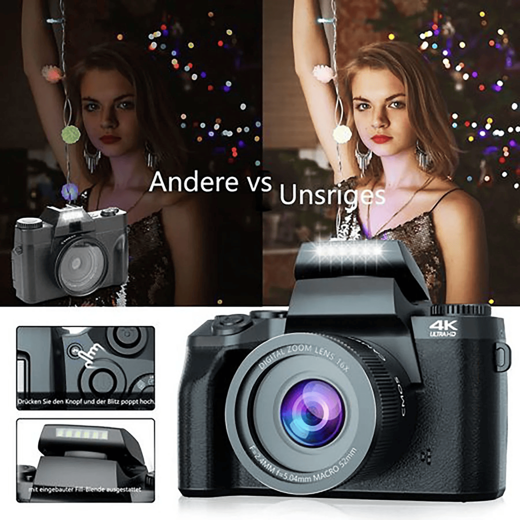 Das Bild zeigt eine Kamera mit einer Frau im Hintergrund. Die Szene hat Weihnachtslichter. Text lautet: Andere vs Unsriges.