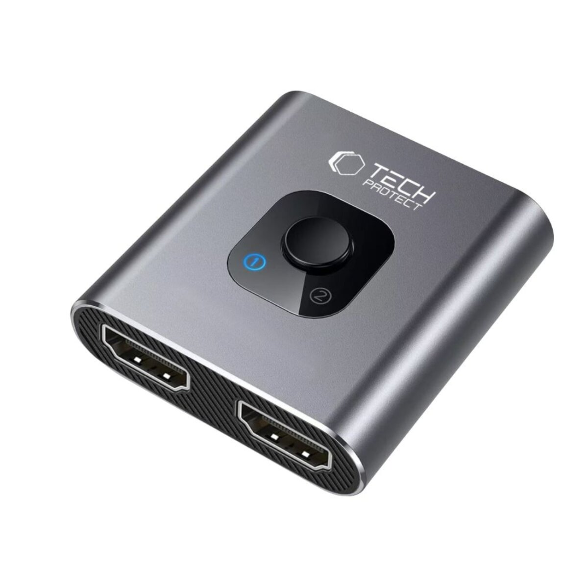 Een grijze Tech Protect HDMI-switch met twee ingangspoorten. Het heeft een aan/uit-knop en een bedieningsknop.