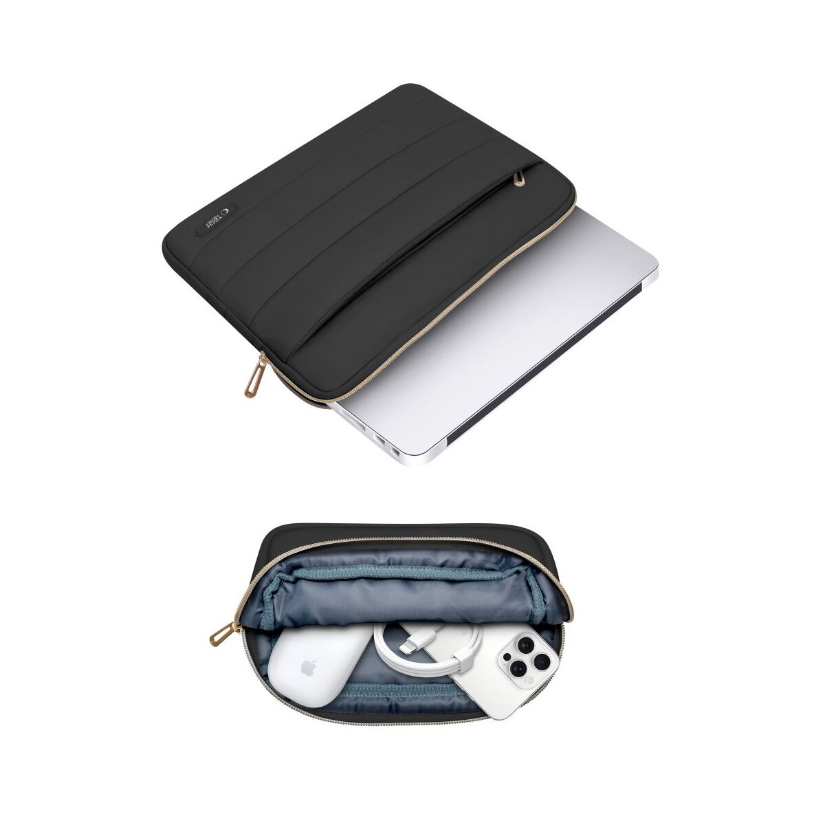 Zwarte laptoptas met gouden rits, met laptop. Daaronder een open tas met muis, telefoon en oplaadkabel.