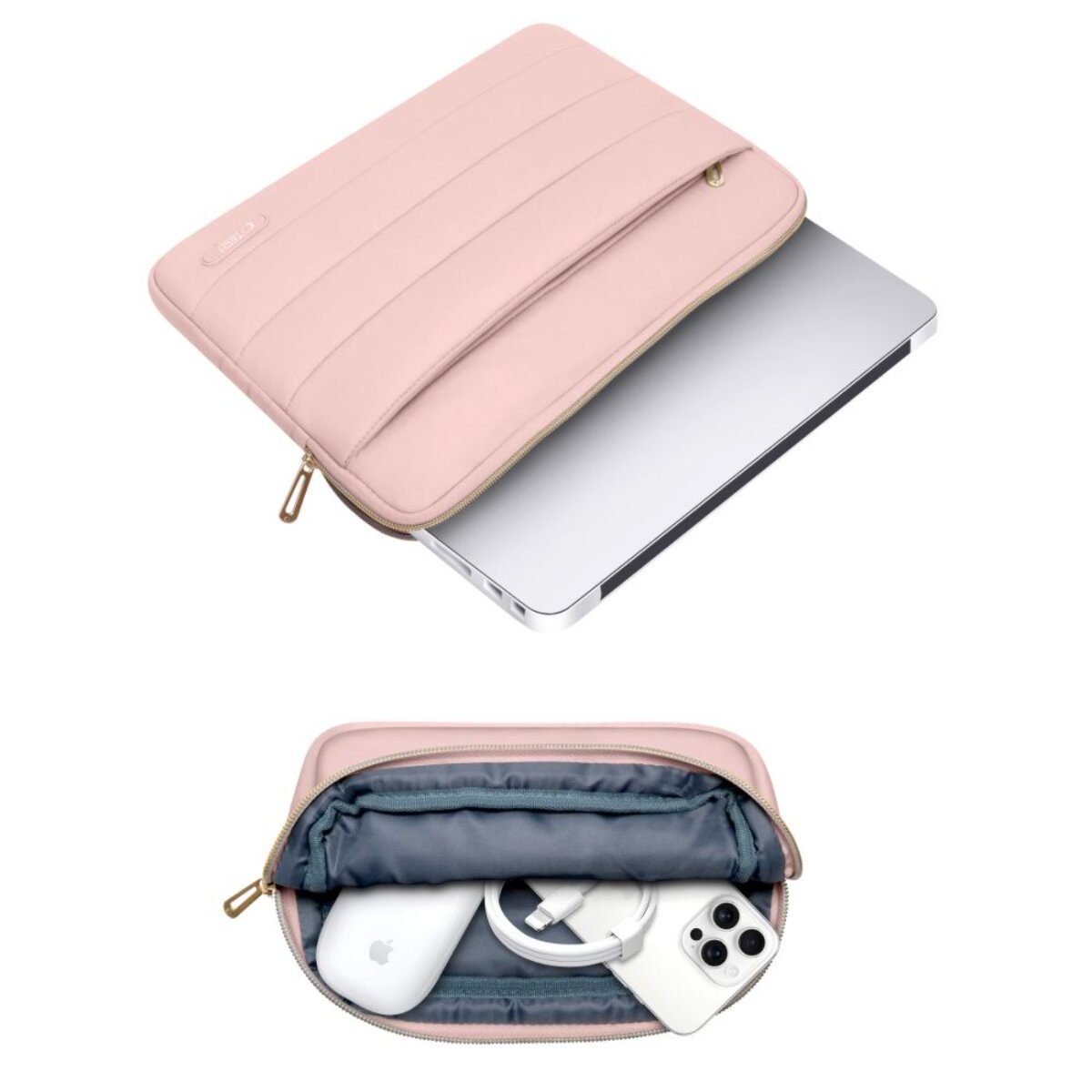 Een roze laptoptas met een zilveren laptop erin. Daaronder toont de open tas een muis, telefoon en oplaadkabel.