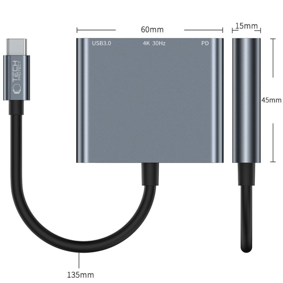 A gray USB-C hub with multiple ports, a black cable, and dimensions labeled. It has USB3.0, 4K 30Hz, and PD markings.