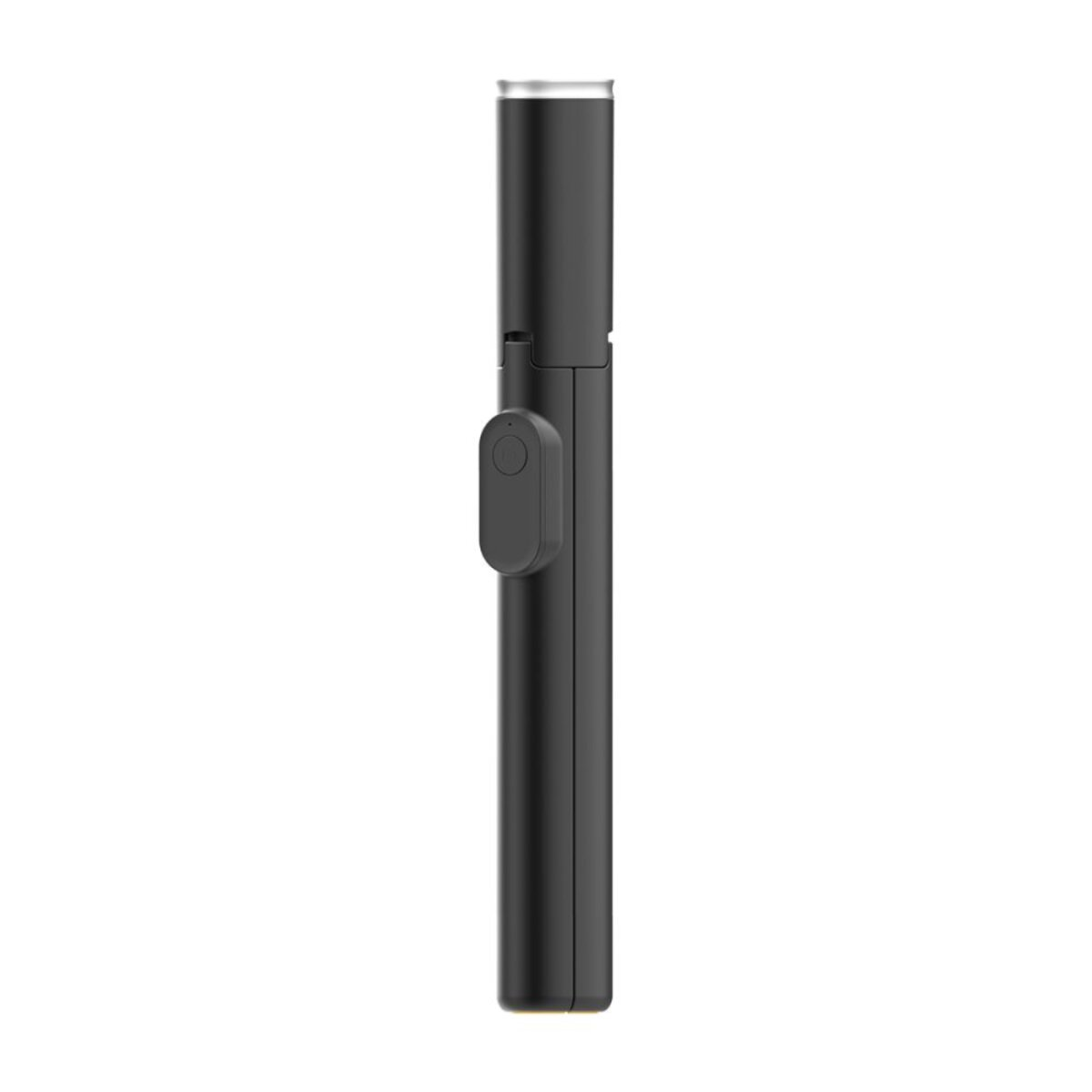 Een zwarte selfiestick wordt getoond. Het heeft een bevestigde knop en een zilverkleurige bovenkant.