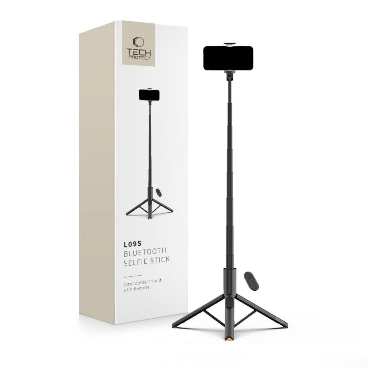 Een zwarte selfiestick met een telefoon eraan, naast de doos met 'TECH PROTECT'. Het is een uitschuifbaar statief met afstandsbediening.