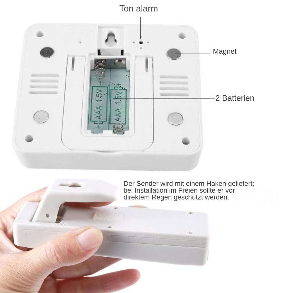 Ein weißes Gerät mit Batterien und eine Hand, die einen Teil davon hält. Textbeschriftungen: Tonalarm, Magnet, 2 Batterien.