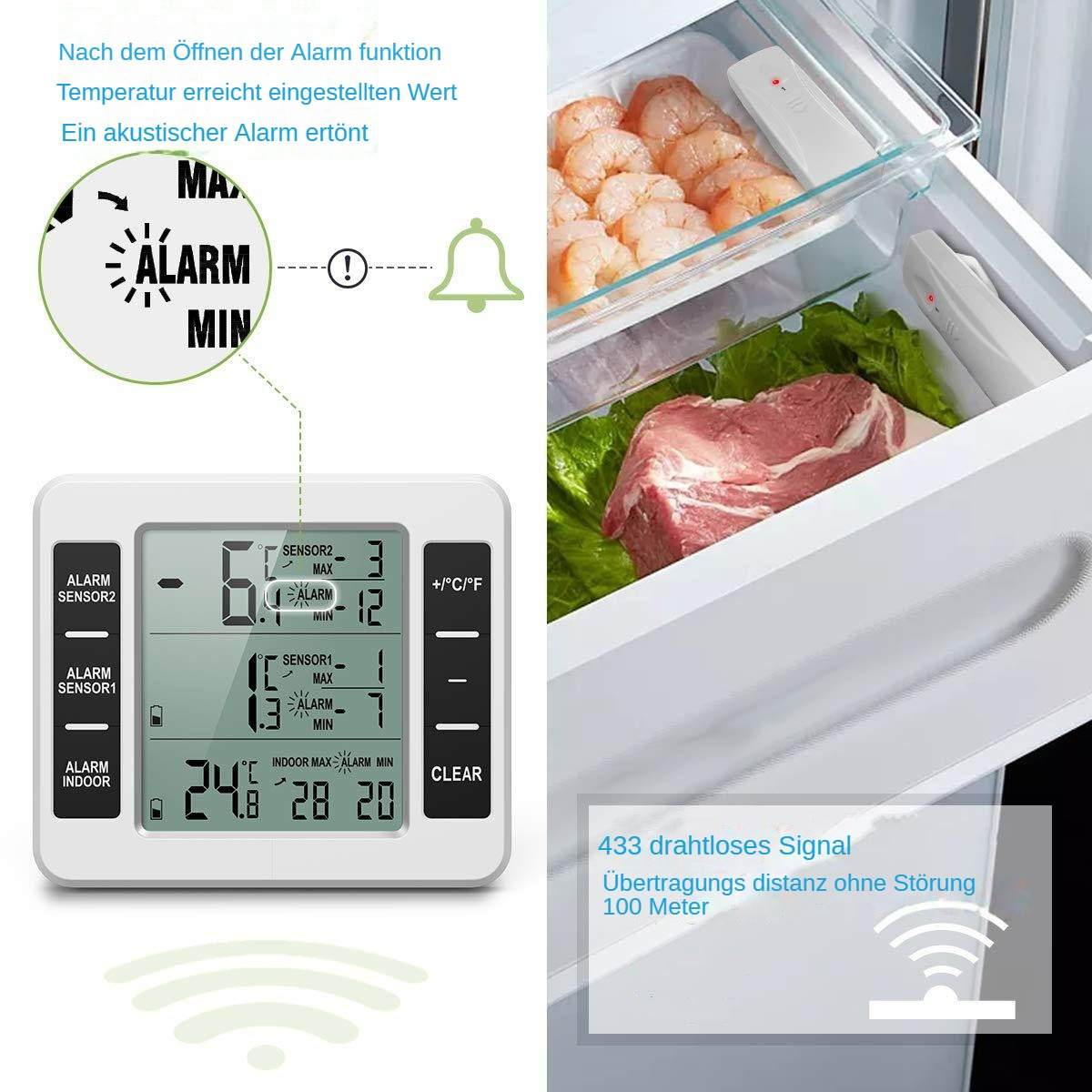 Ein digitales Display zeigt Temperaturmesswerte. Eine Kühlschublade enthält Garnelen und ein Stück Fleisch. Text auf Deutsch zeigt Alarmfunktion.