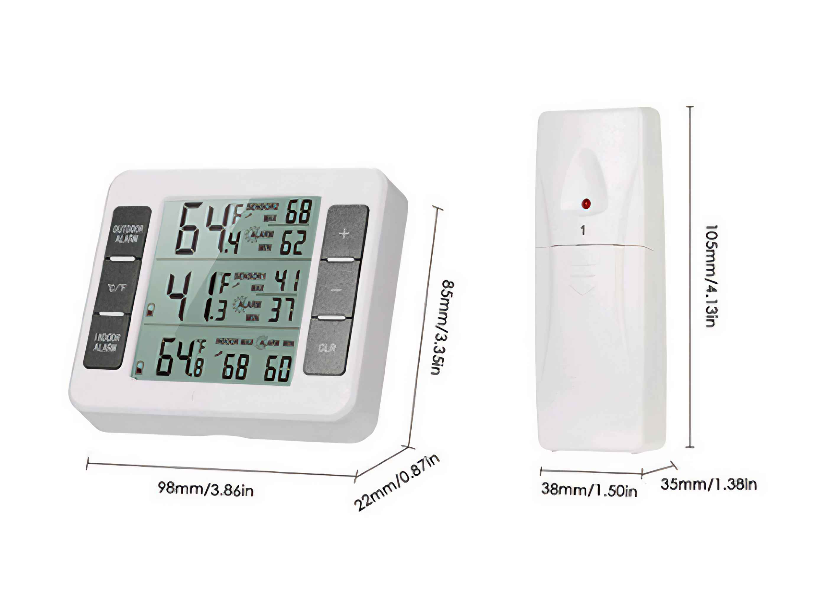 Ein weißes digitales Thermometer mit separatem Sensor. Zeigt Temperaturmesswerte und Abmessungen in mm/Zoll an.
