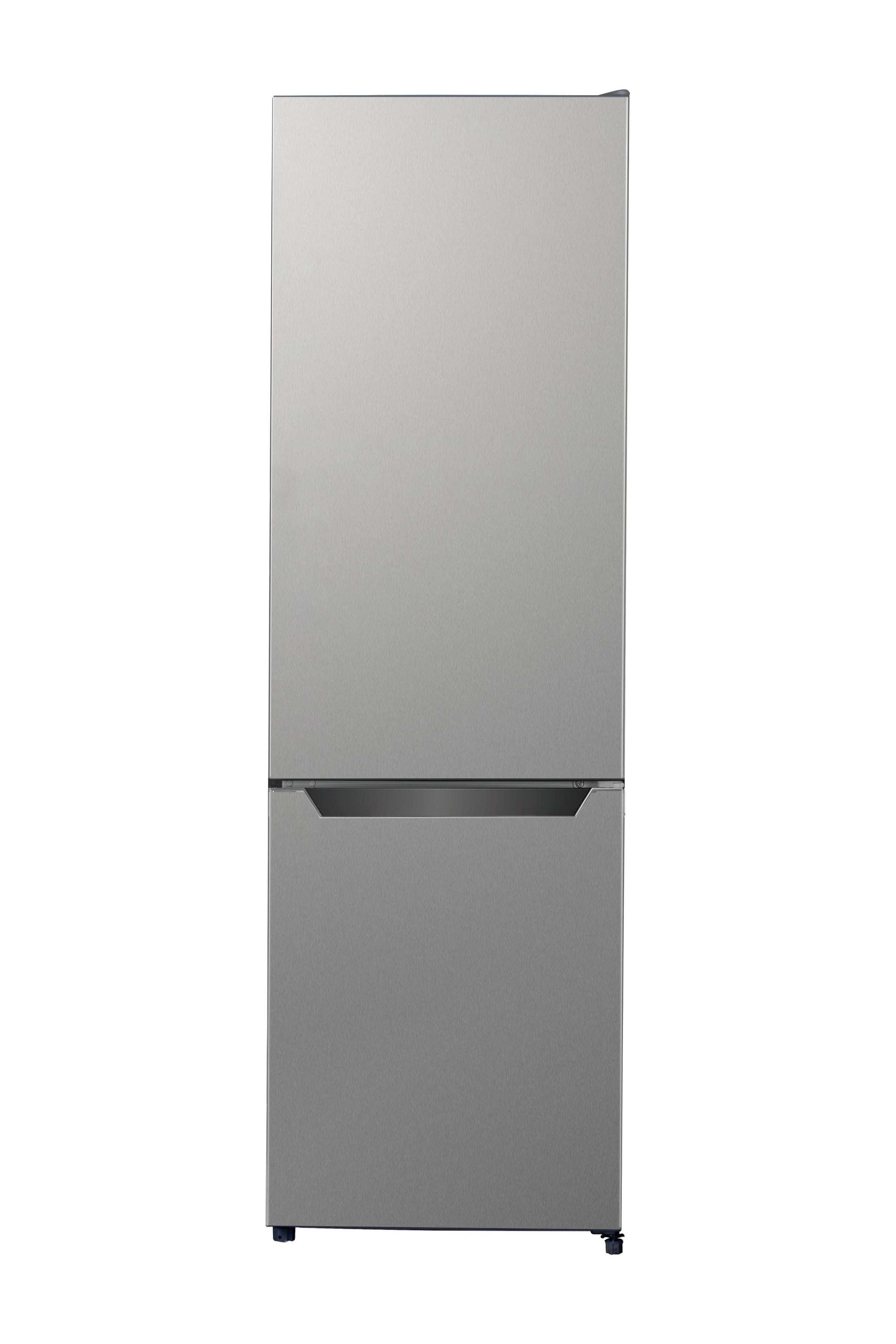 Ein zweitüriger silberner Kühlschrank mit Gefrierfach unten. Es steht vor weißem Hintergrund.